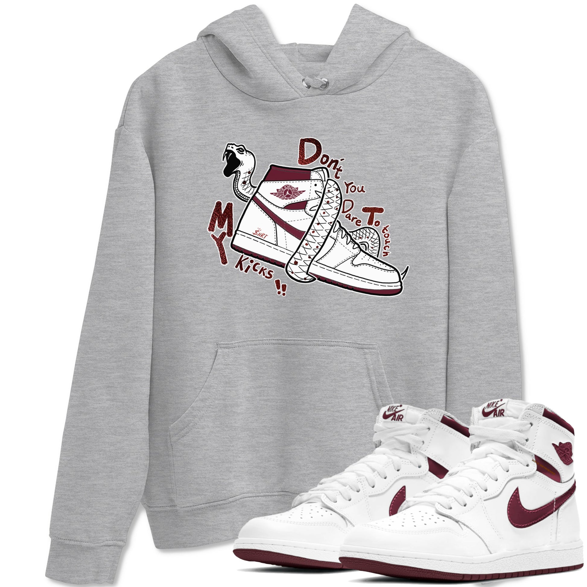 AJ1 High '85 Metallic Burgundy shirts to match jordans Don't Touch My Kicks sneaker match tees 1s High '85 Metallic Burgundy SNRT Sneaker Tees streetwear brand Heather Grey 1 unisex cotton tee