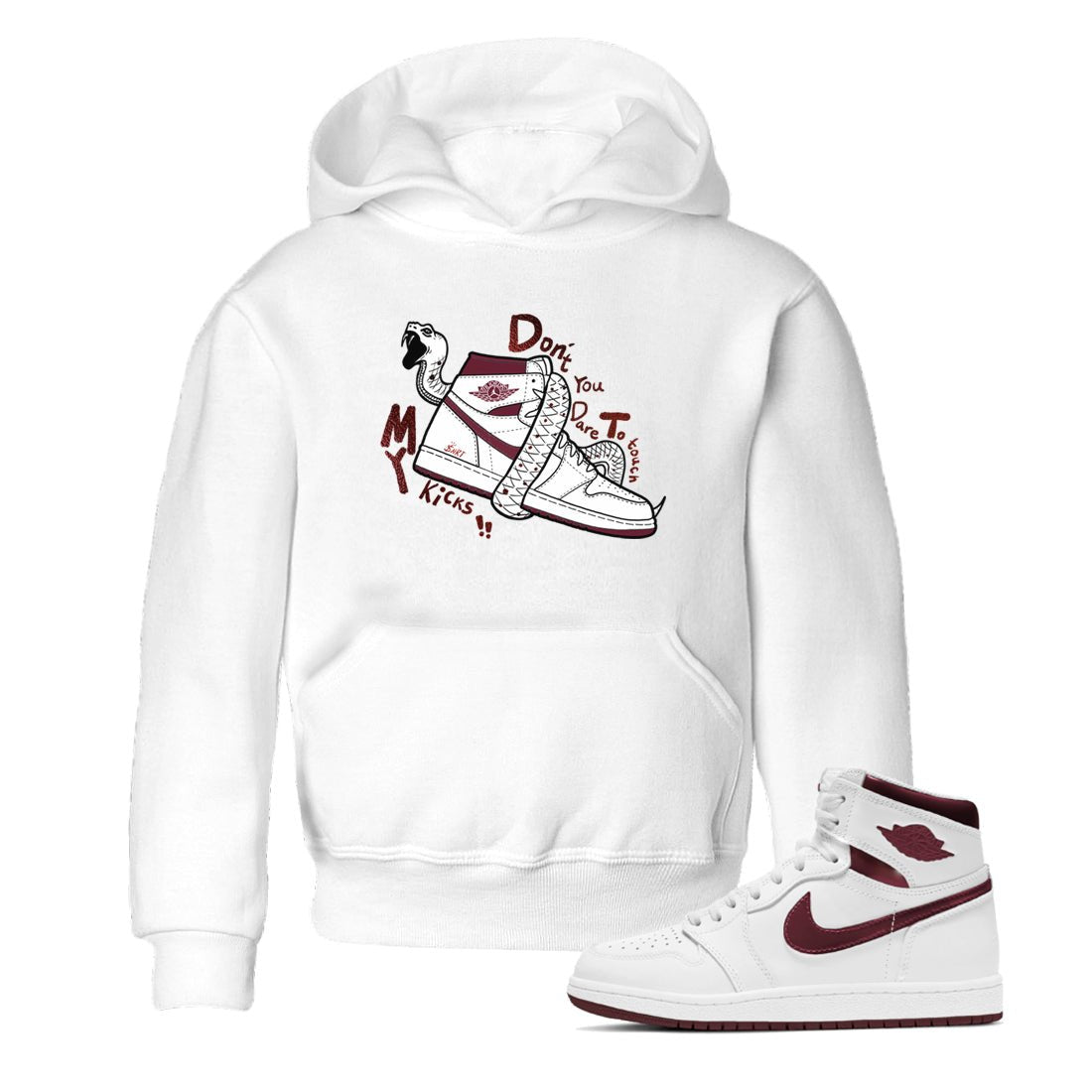 AJ1 High '85 Metallic Burgundy shirts to match jordans Don't Touch My Kicks sneaker match tees 1s High '85 Metallic Burgundy SNRT Sneaker Tees streetwear brand Baby and Youth White 1 cotton tee