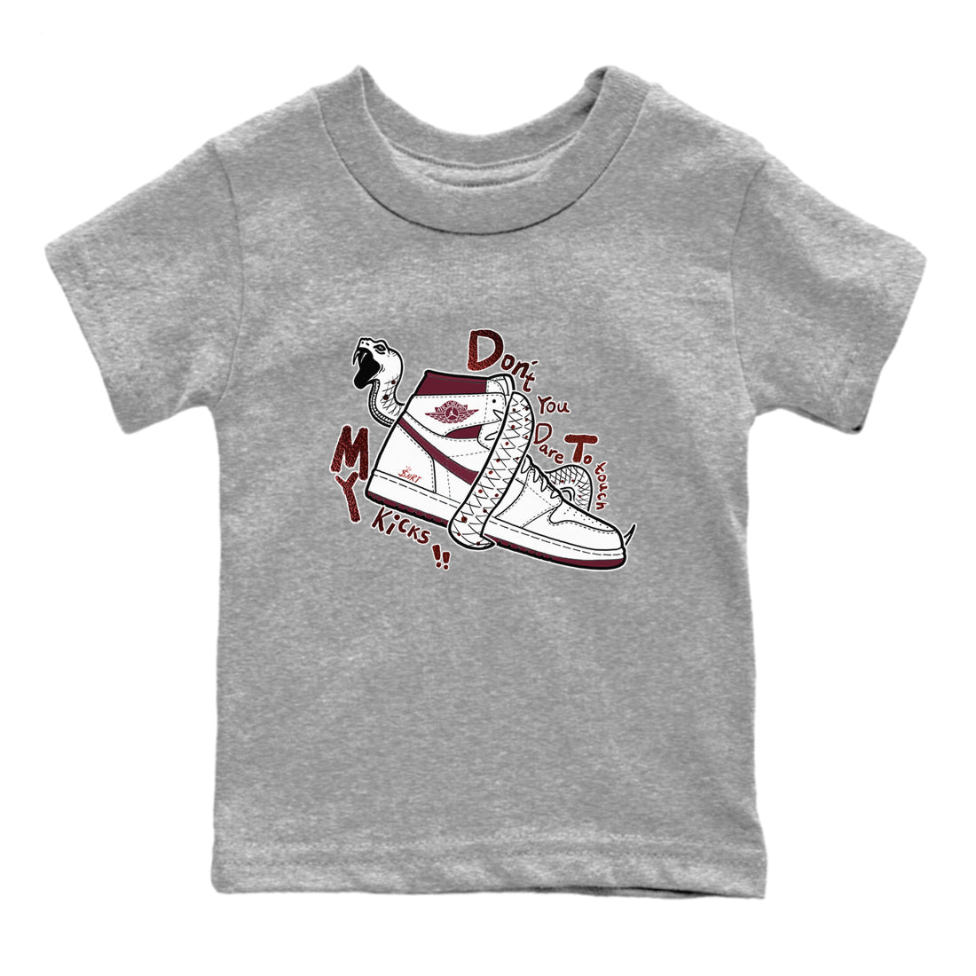 AJ1 High '85 Metallic Burgundy shirts to match jordans Don't Touch My Kicks sneaker match tees 1s High '85 Metallic Burgundy SNRT Sneaker Tees streetwear brand Baby and Youth Heather Grey 2 cotton tee