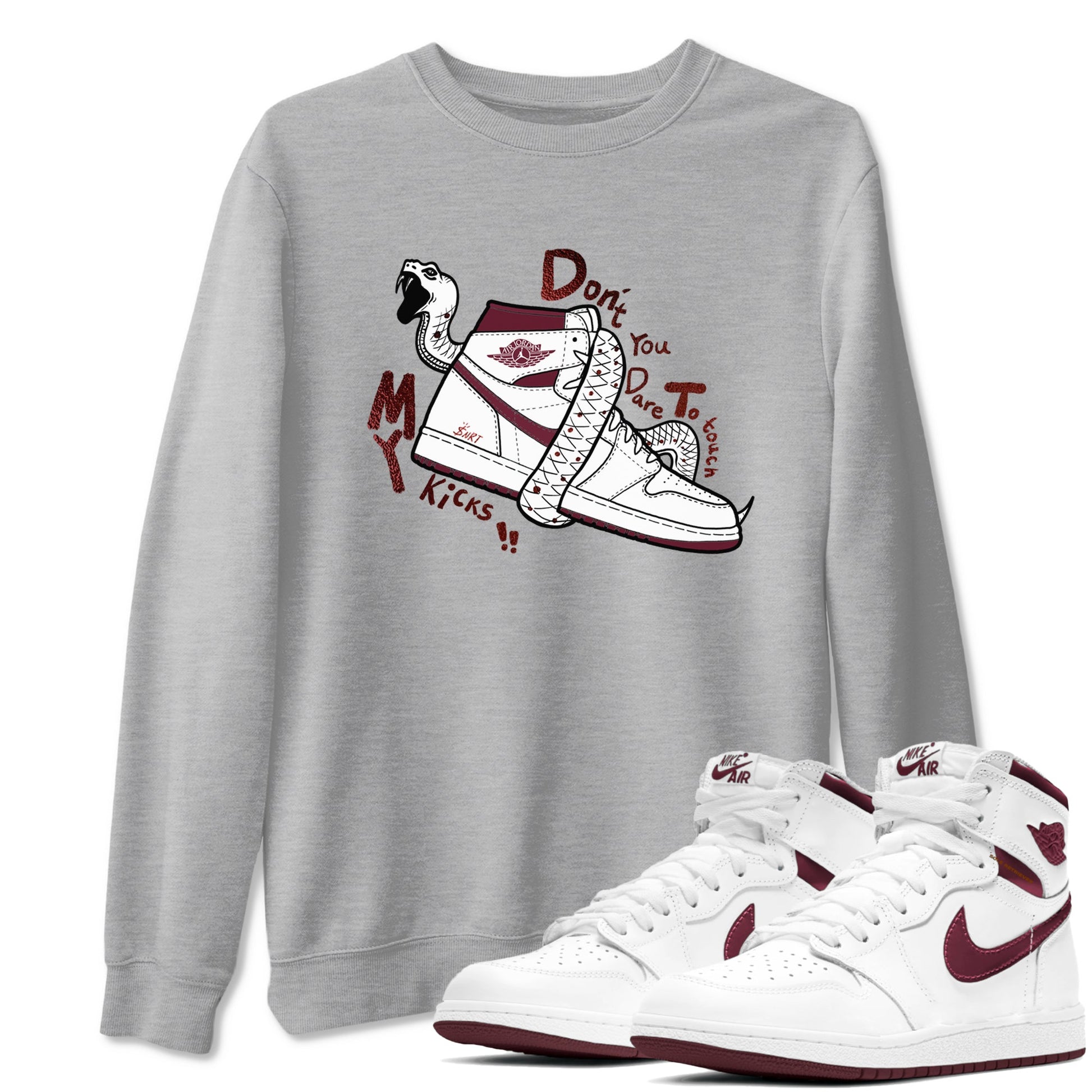 AJ1 High '85 Metallic Burgundy shirts to match jordans Don't Touch My Kicks sneaker match tees 1s High '85 Metallic Burgundy SNRT Sneaker Tees streetwear brand Heather Grey 1 unisex cotton tee