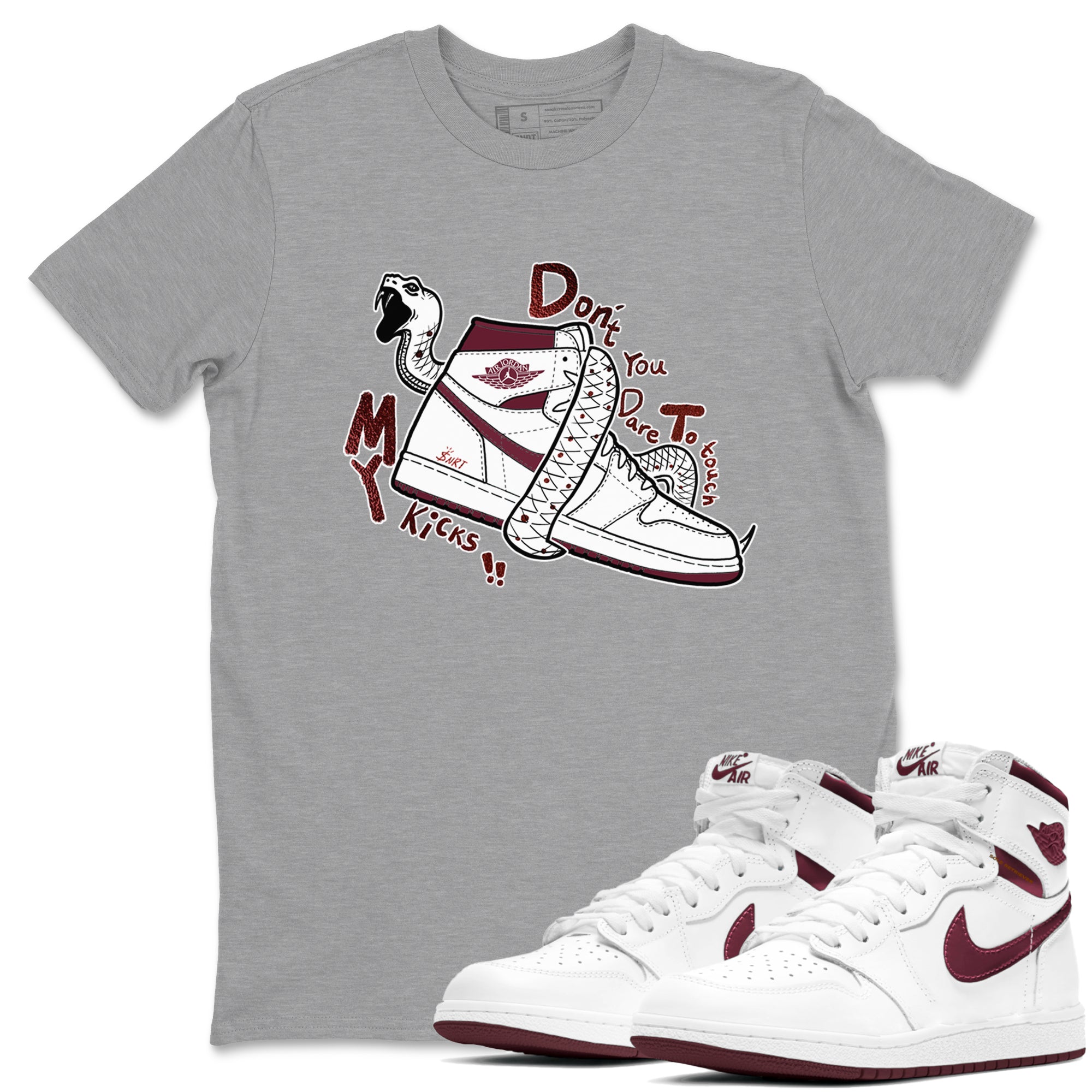 AJ1 High '85 Metallic Burgundy shirts to match jordans Don't Touch My Kicks sneaker match tees 1s High '85 Metallic Burgundy SNRT Sneaker Tees streetwear brand Heather Grey 1 unisex cotton tee
