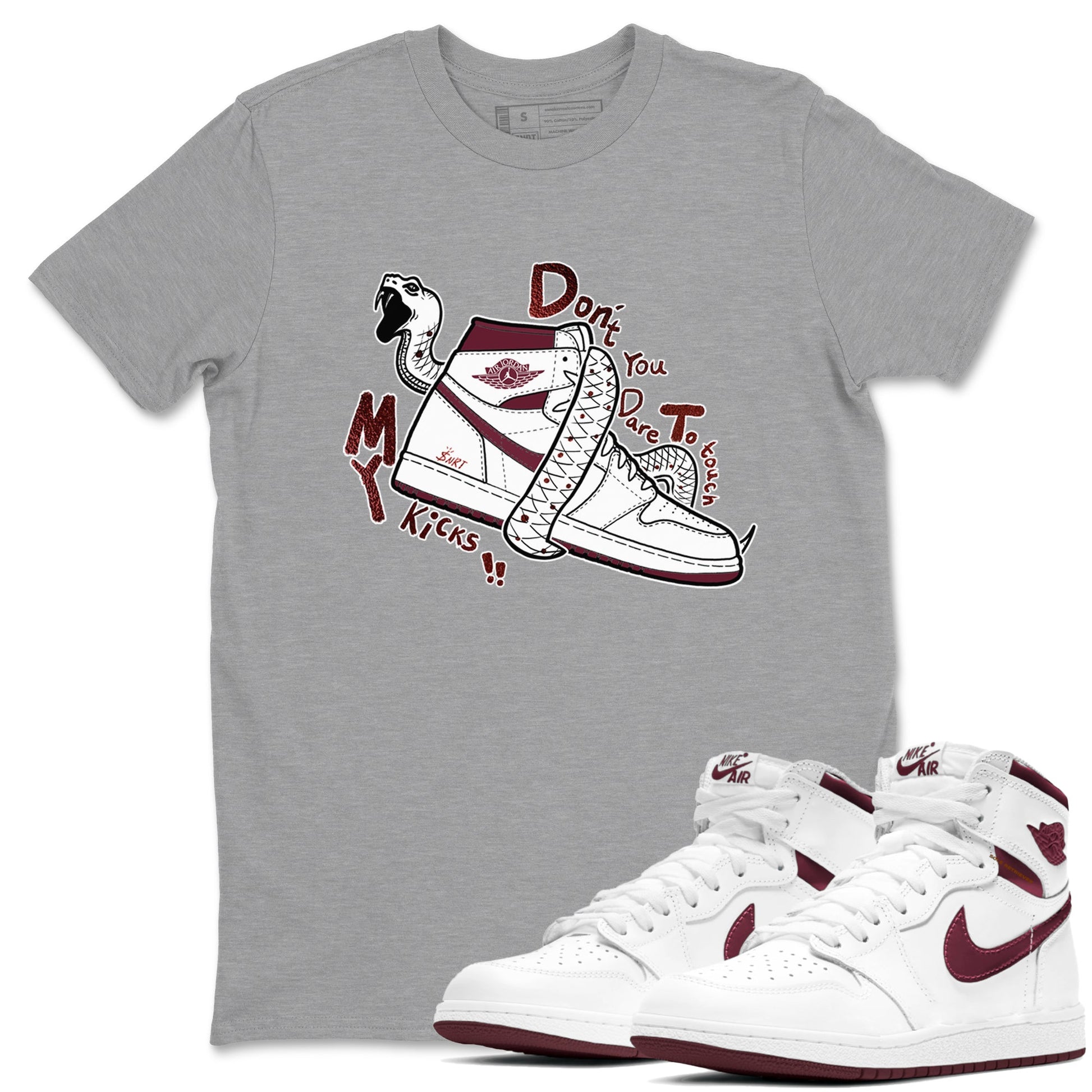 AJ1 High '85 Metallic Burgundy shirts to match jordans Don't Touch My Kicks sneaker match tees 1s High '85 Metallic Burgundy SNRT Sneaker Tees streetwear brand Heather Grey 1 unisex cotton tee