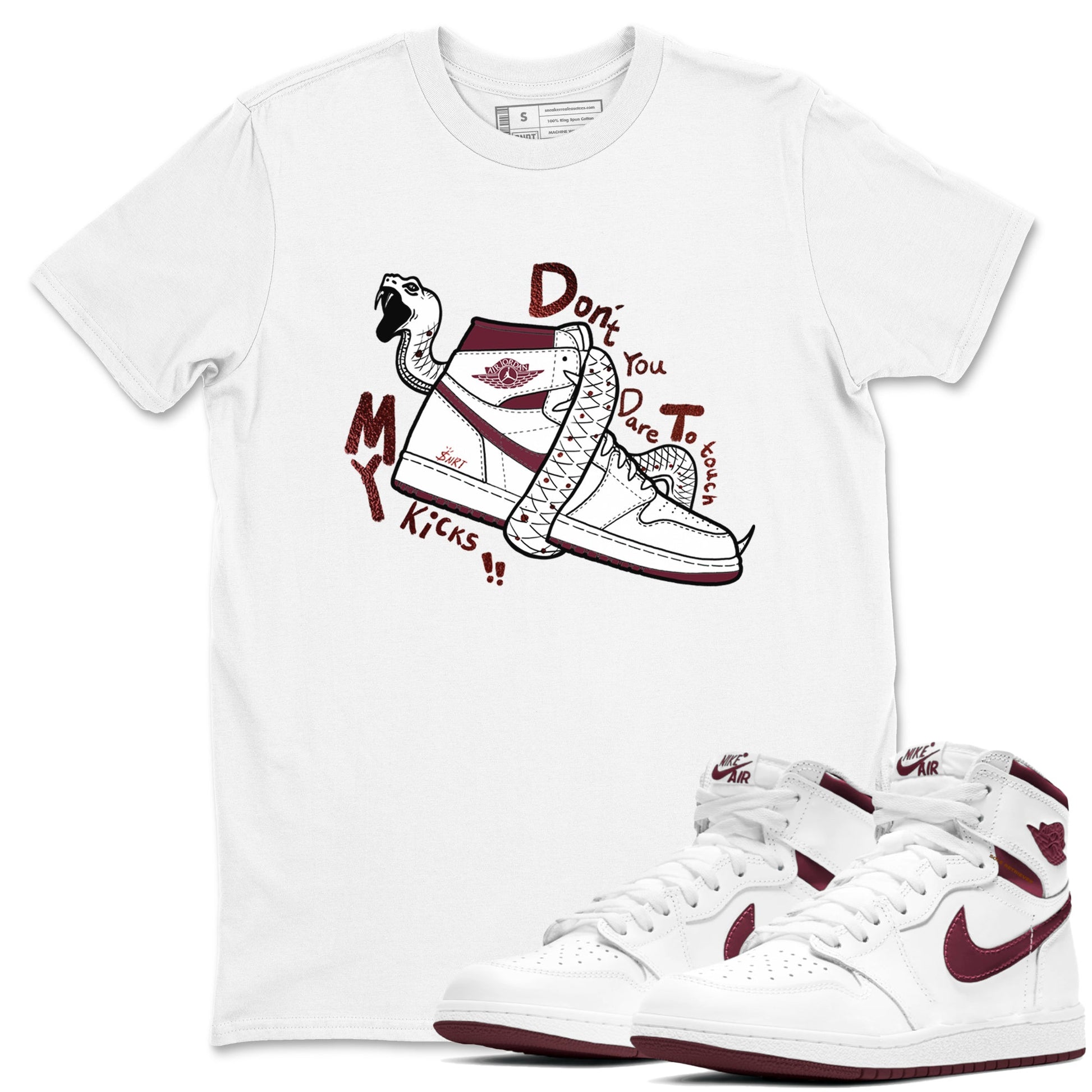 AJ1 High '85 Metallic Burgundy shirts to match jordans Don't Touch My Kicks sneaker match tees 1s High '85 Metallic Burgundy SNRT Sneaker Tees streetwear brand White 1 unisex cotton tee
