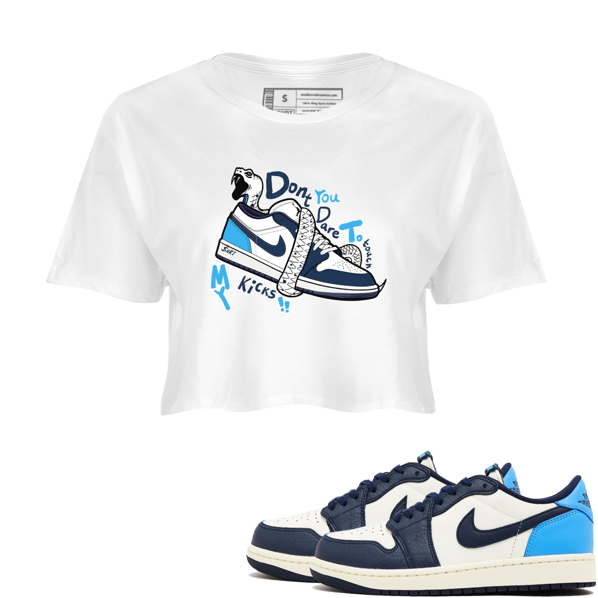 1s Obsidian shirts to match jordans Don't Touch My Kicks shirts to match Jordans AJ1 Retro Low OG Obsidian match shoes to clothes SNRT Sneaker Tees unisex cotton White 1 crop tee