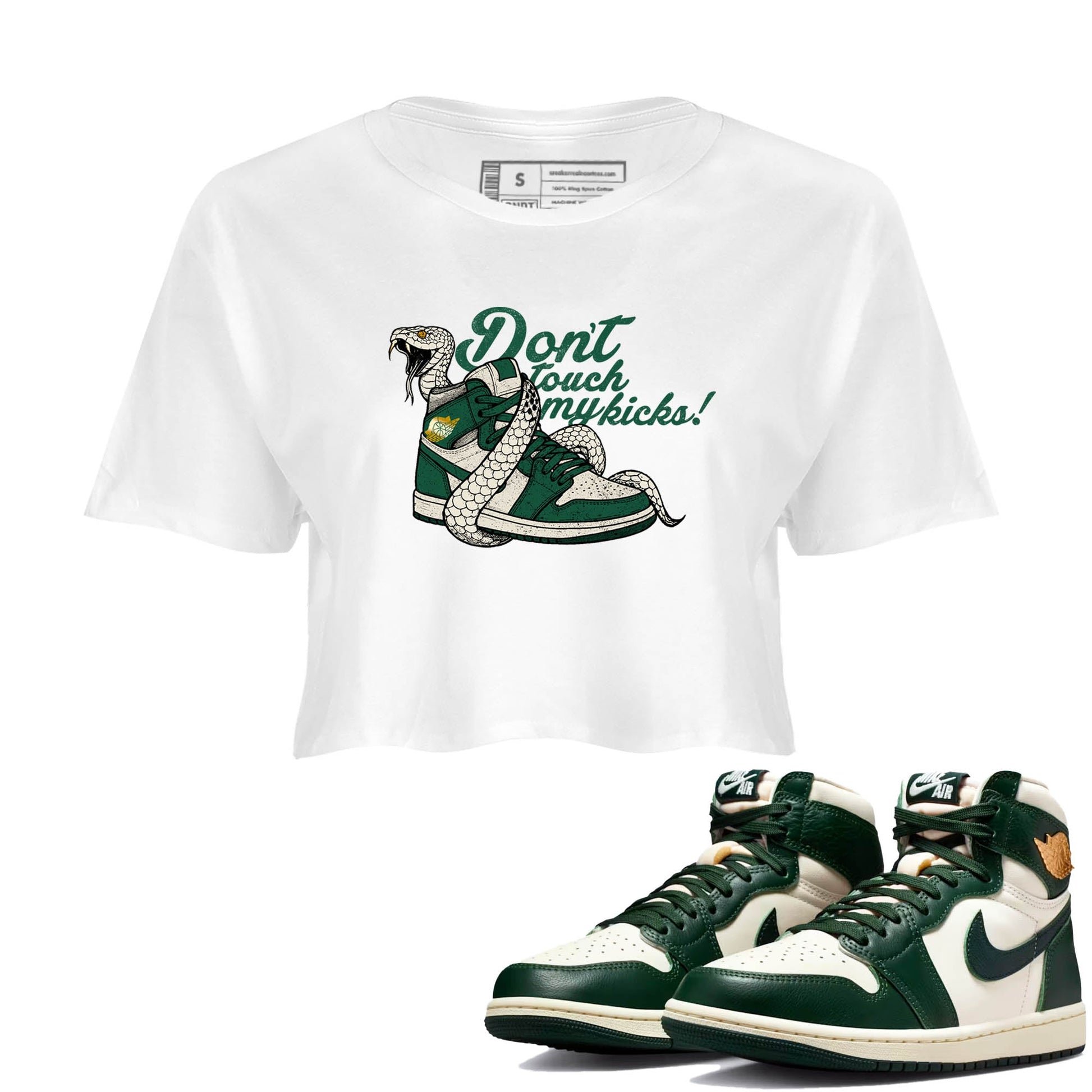 Sneaker Threads – Sneaker Tees To Match Air Jordan 1 Pro Green – Don't Touch My Kicks Crop Tee White 1. Perfect for Jordan releases 2025 colorways.