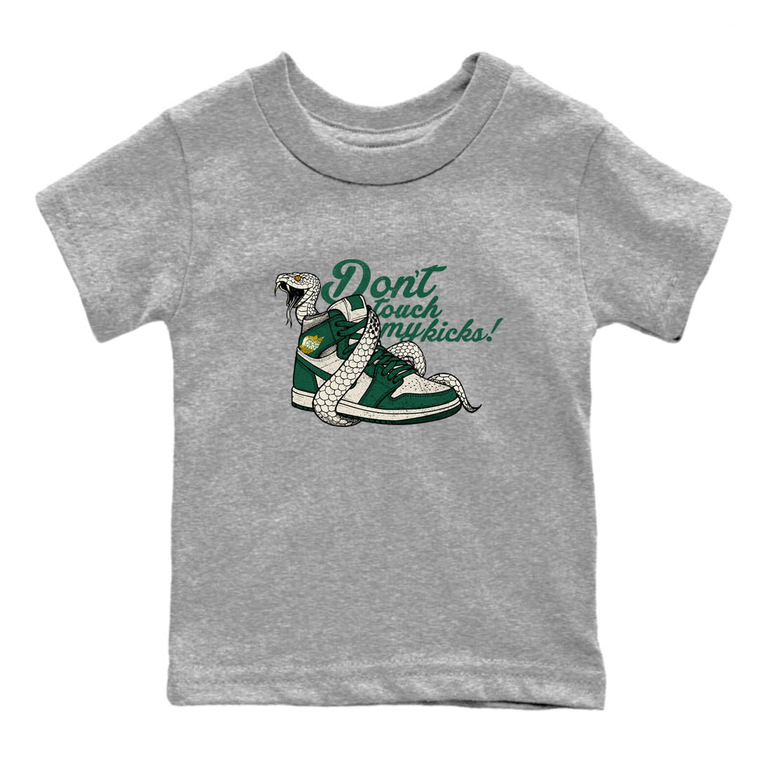 Sneaker Threads – Sneaker Tees To Match Air Jordan 1 Pro Green – Don't Touch My Kicks Youth Graphic Tee Heather Grey 2. Perfect for Jordan releases 2025 colorways.