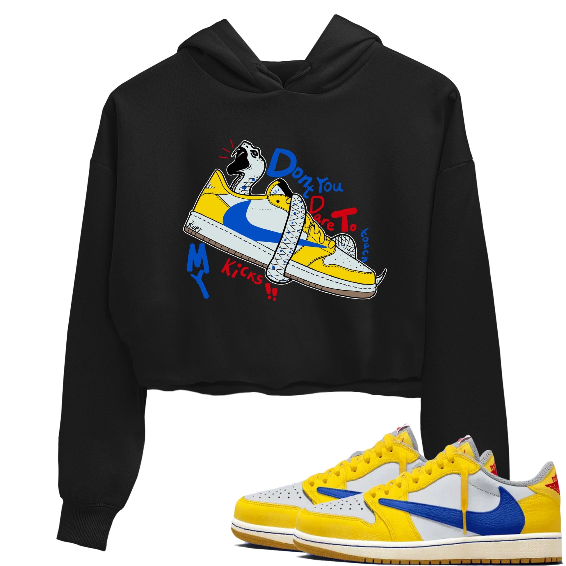 1s Travis Scott Canary shirt to match jordans Don't Touch My Kicks sneaker tees Air Jordan 1 Travis Scott Canary SNRT Sneaker Release Tees Black 1 crop length shirt