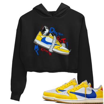 1s Travis Scott Canary shirt to match jordans Don't Touch My Kicks sneaker tees Air Jordan 1 Travis Scott Canary SNRT Sneaker Release Tees Black 1 crop length shirt