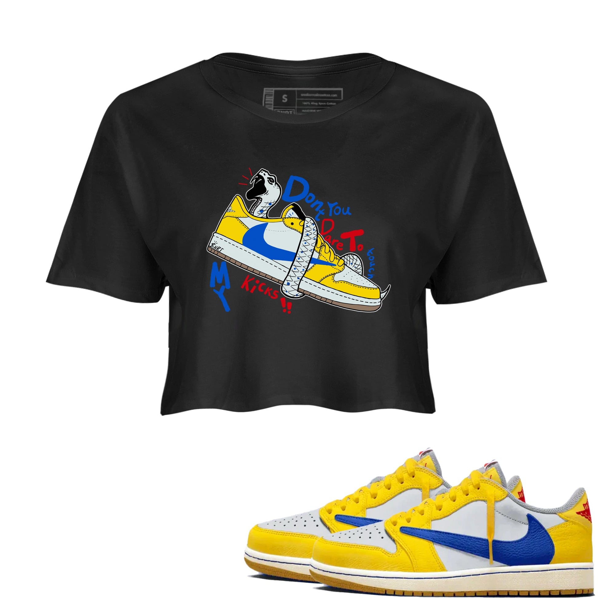 1s Travis Scott Canary shirt to match jordans Don't Touch My Kicks sneaker tees Air Jordan 1 Travis Scott Canary SNRT Sneaker Release Tees Black 1 crop length shirt