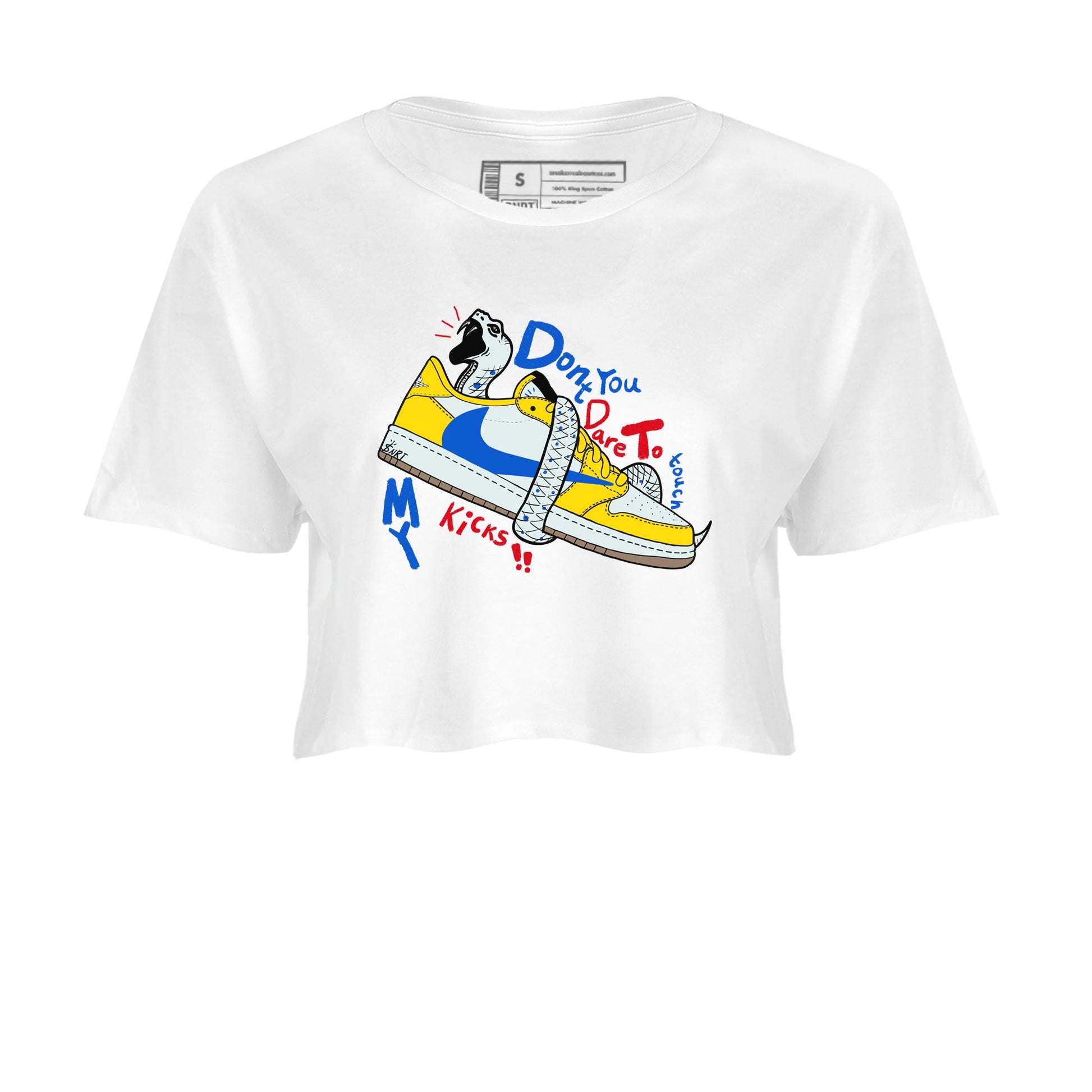 1s Travis Scott Canary shirt to match jordans Don't Touch My Kicks sneaker tees Air Jordan 1 Travis Scott Canary SNRT Sneaker Release Tees White 2 crop length shirt