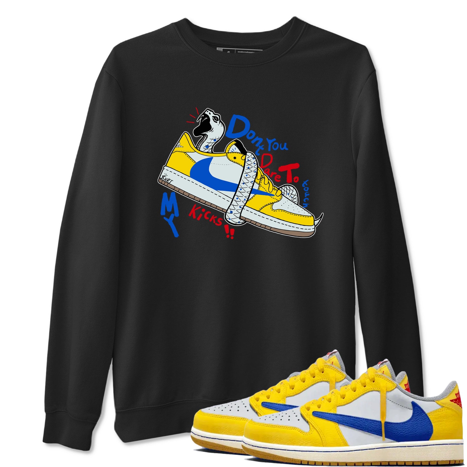 1s Travis Scott Canary shirt to match jordans Don't Touch My Kicks sneaker tees Air Jordan 1 Travis Scott Canary SNRT Sneaker Release Tees unisex cotton Black 1 crew neck shirt