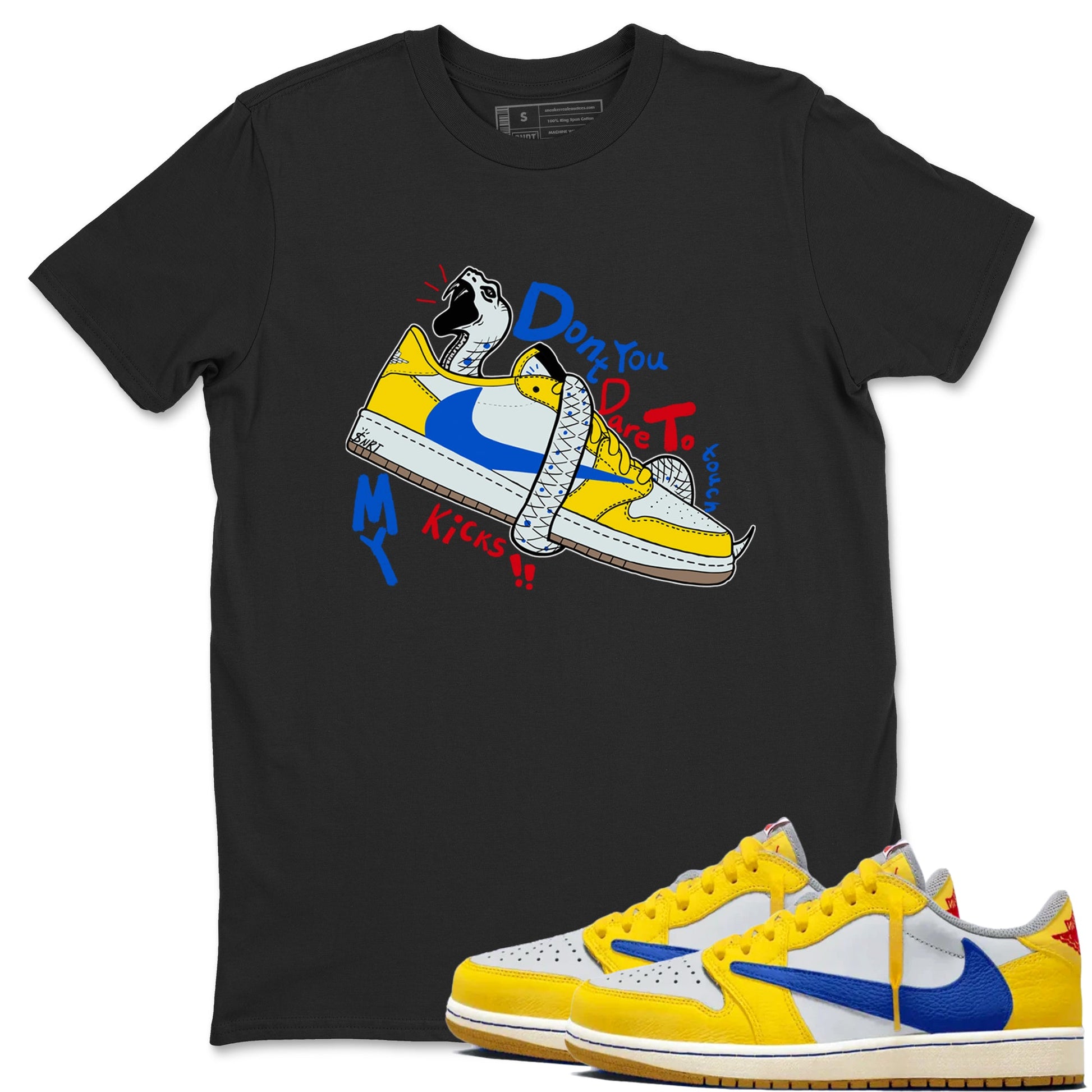 1s Travis Scott Canary shirt to match jordans Don't Touch My Kicks sneaker tees Air Jordan 1 Travis Scott Canary SNRT Sneaker Release Tees unisex cotton Black 1 crew neck shirt