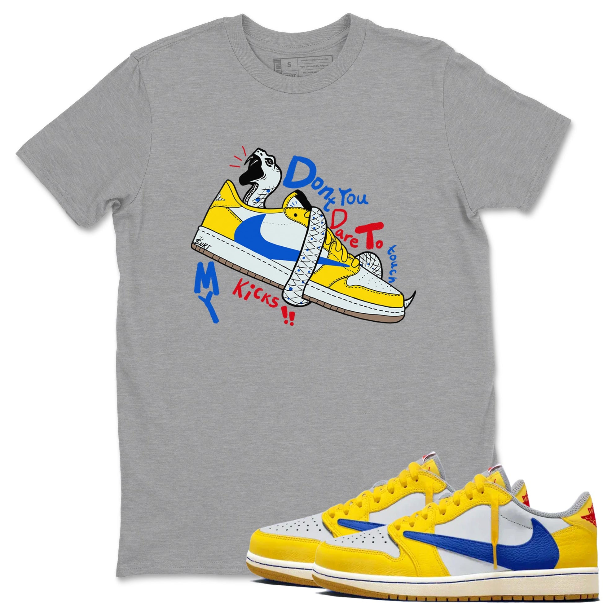 1s Travis Scott Canary shirt to match jordans Don't Touch My Kicks sneaker tees Air Jordan 1 Travis Scott Canary SNRT Sneaker Release Tees unisex cotton Heather Grey 1 crew neck shirt