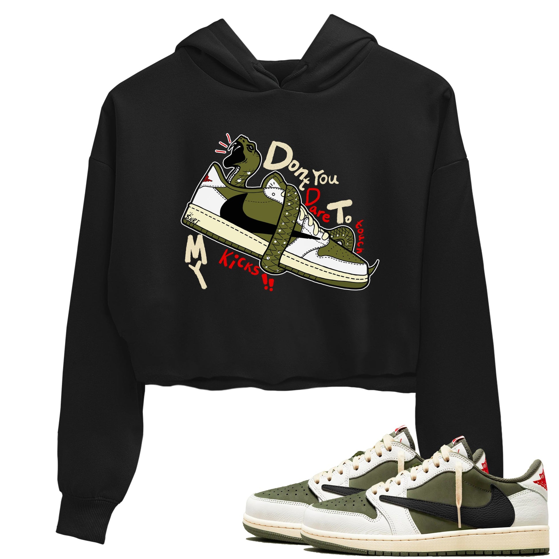 Jordan 1 Olive t shirts to match sneakers Don't Touch My Kicks sneaker match tees Air Jordan 1 Low x Travis Scott Reverse Olive tee SNRT Sneaker Tees unisex cotton Black 1 crop tee