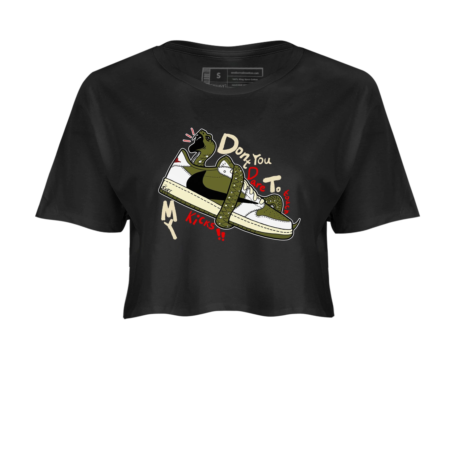Jordan 1 Olive t shirts to match sneakers Don't Touch My Kicks sneaker match tees Air Jordan 1 Low x Travis Scott Reverse Olive tee SNRT Sneaker Tees unisex cotton Black 2 crop tee
