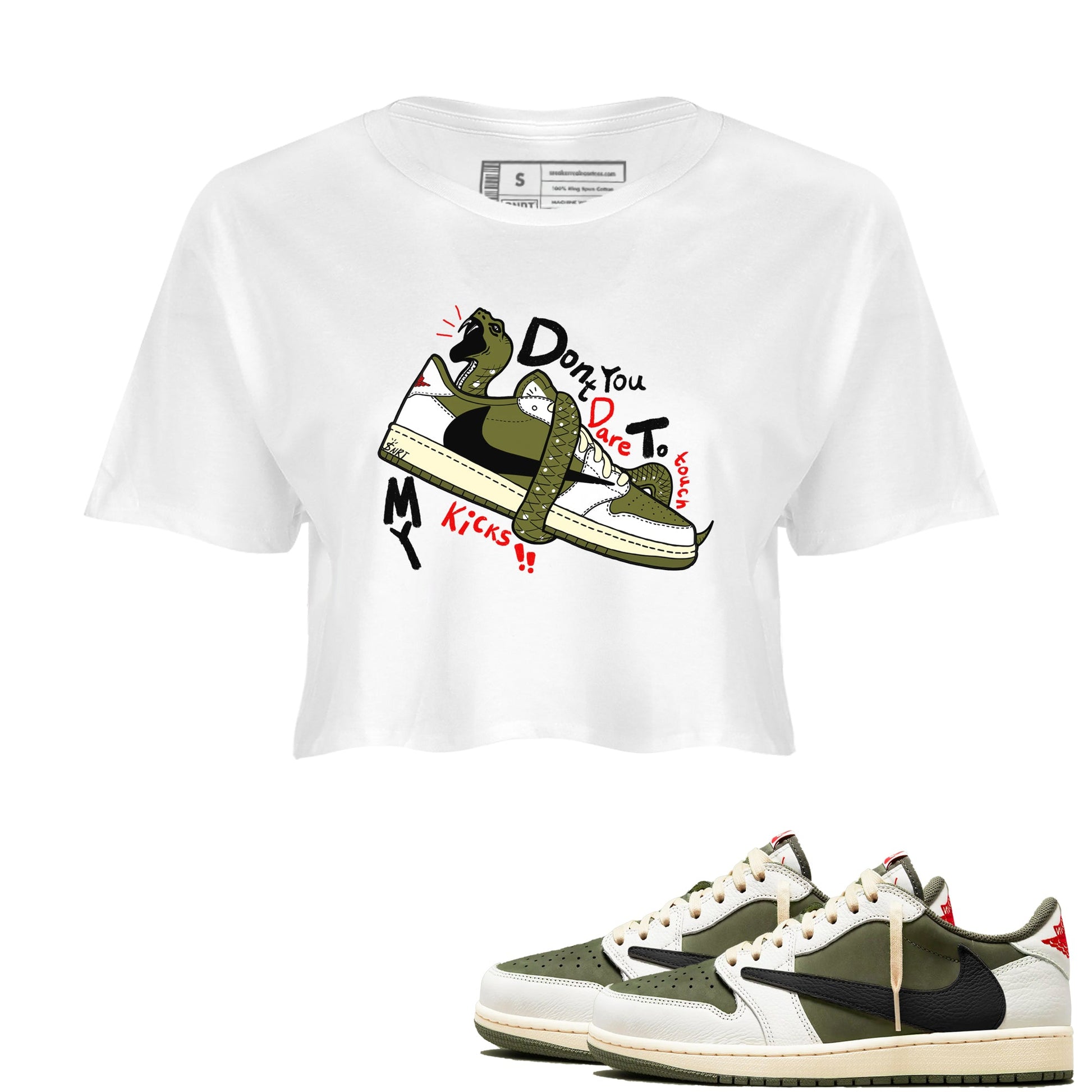 Jordan 1 Olive t shirts to match sneakers Don't Touch My Kicks sneaker match tees Air Jordan 1 Low x Travis Scott Reverse Olive tee SNRT Sneaker Tees unisex cotton White 1 crop tee