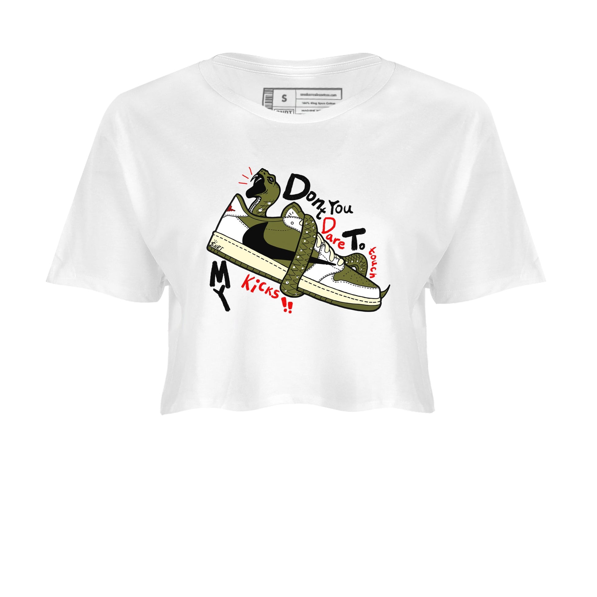 Jordan 1 Olive t shirts to match sneakers Don't Touch My Kicks sneaker match tees Air Jordan 1 Low x Travis Scott Reverse Olive tee SNRT Sneaker Tees unisex cotton White 2 crop tee