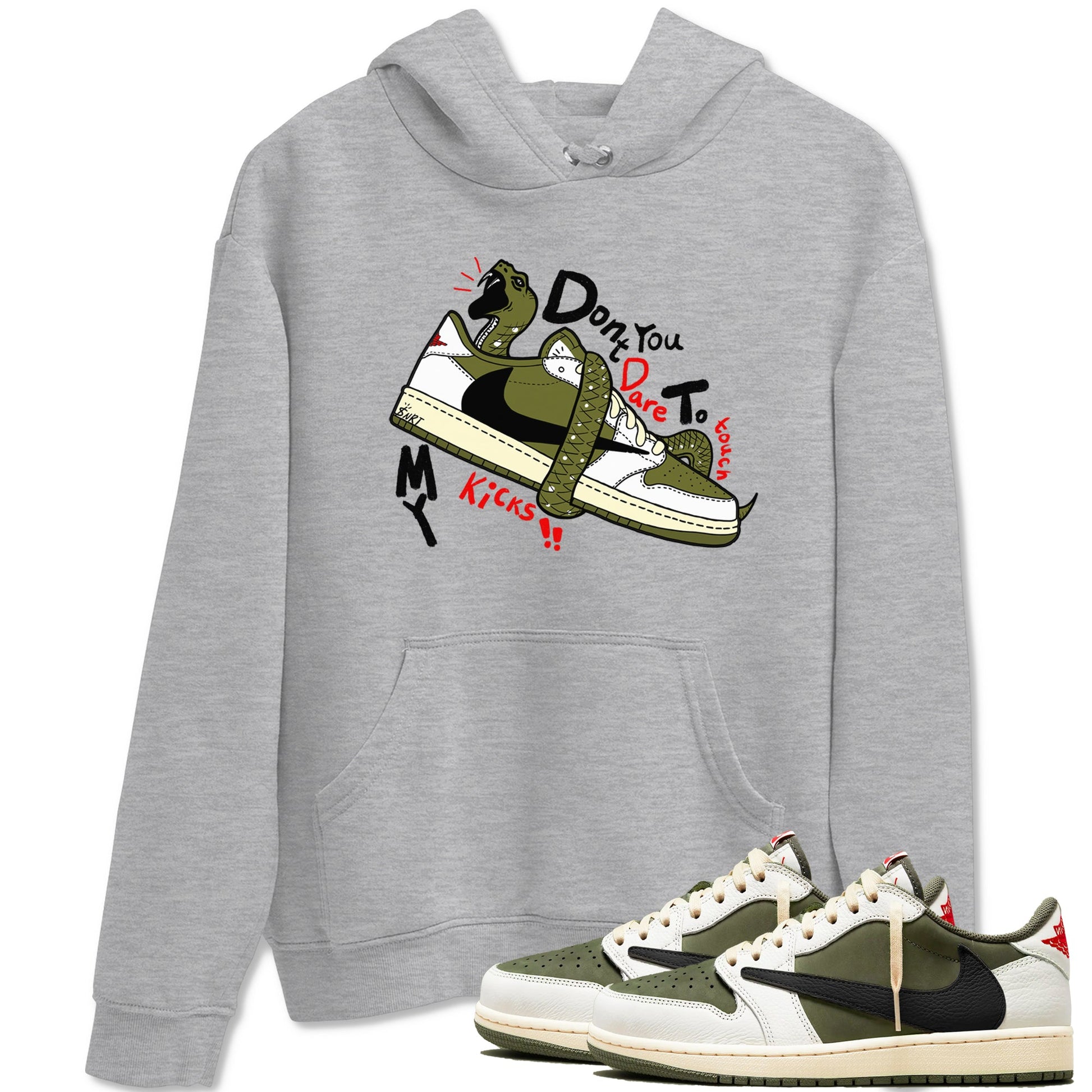 Jordan 1 Olive t shirts to match sneakers Don't Touch My Kicks sneaker match tees Air Jordan 1 Low x Travis Scott Reverse Olive tee SNRT Sneaker Tees unisex cotton Heather Grey 1 shirts