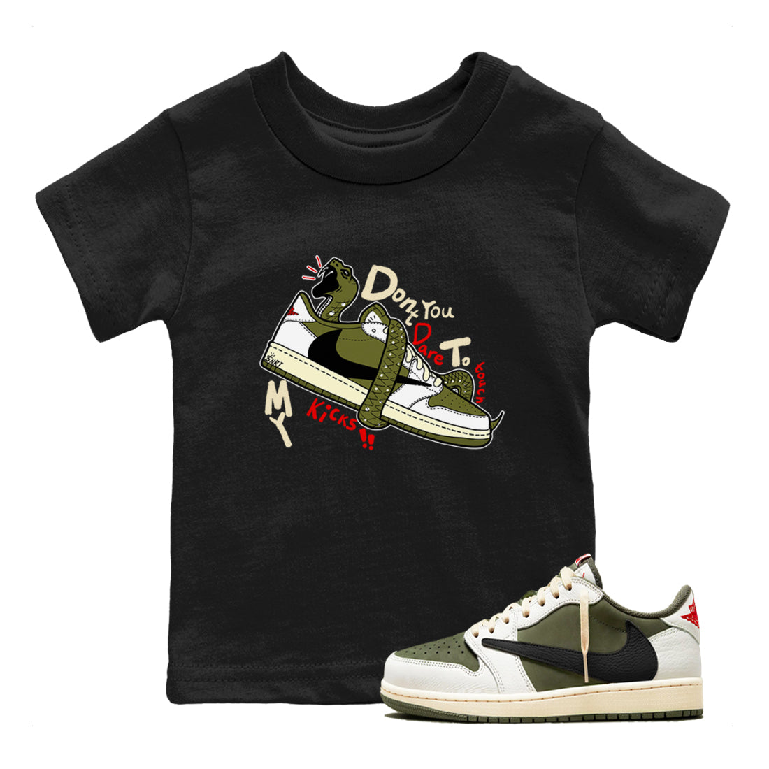 Jordan 1 Olive t shirts to match sneakers Don't Touch My Kicks sneaker match tees Air Jordan 1 Low x Travis Scott Reverse Olive tee SNRT Sneaker Tees Youth Baby Black 1 tee