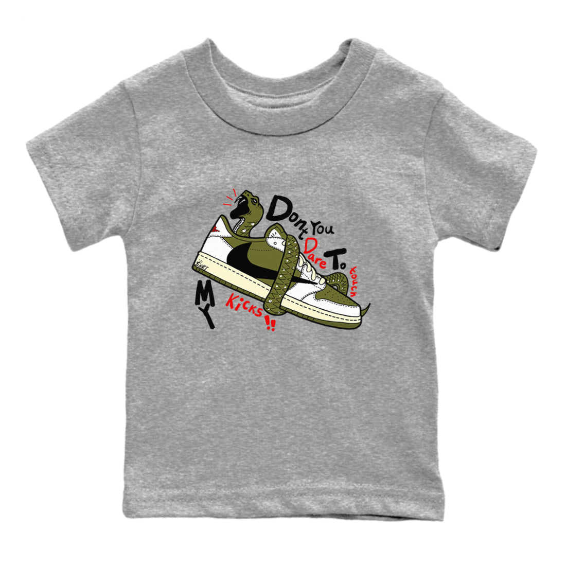 Jordan 1 Olive t shirts to match sneakers Don't Touch My Kicks sneaker match tees Air Jordan 1 Low x Travis Scott Reverse Olive tee SNRT Sneaker Tees Youth Baby Heather Grey 2 tee