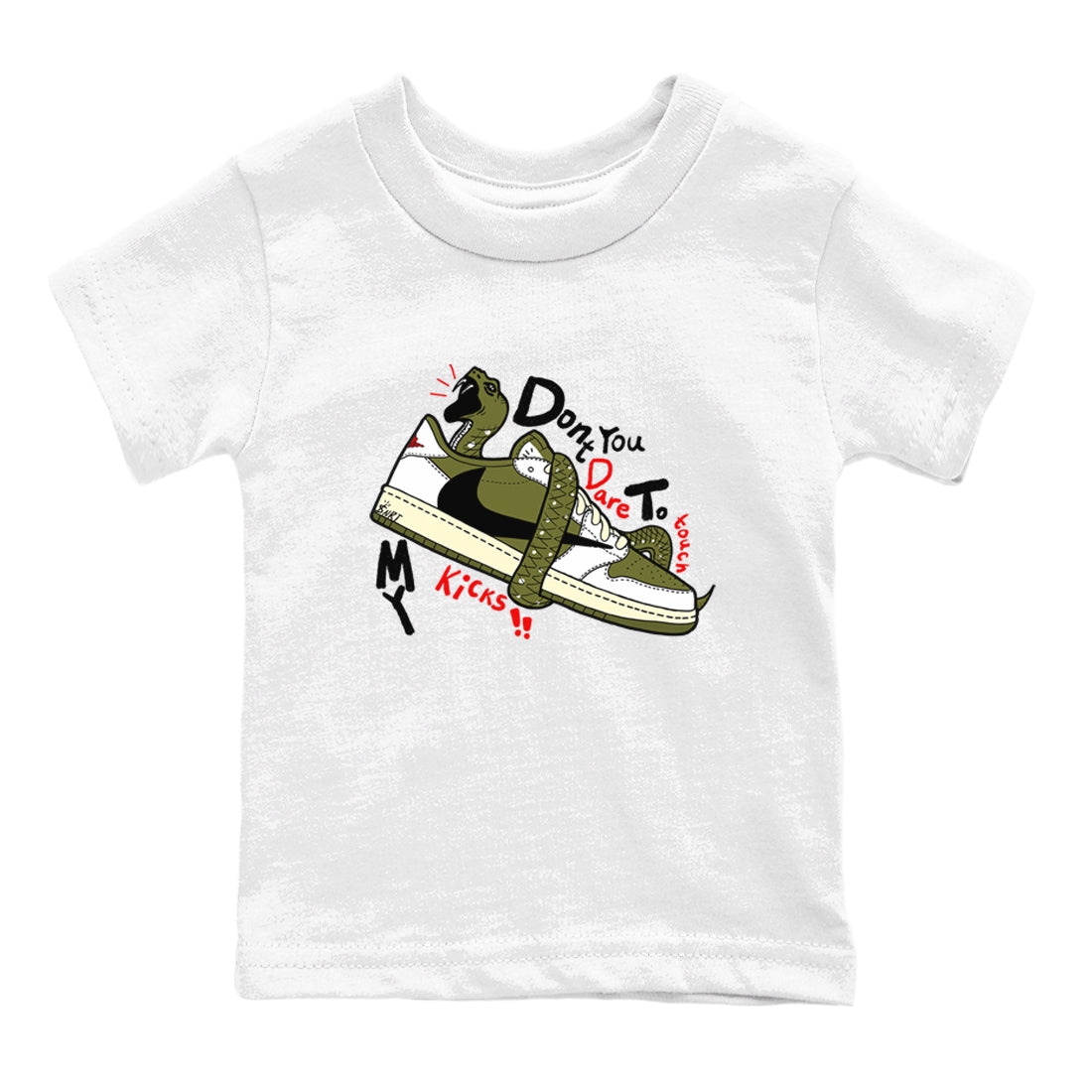 Jordan 1 Olive t shirts to match sneakers Don't Touch My Kicks sneaker match tees Air Jordan 1 Low x Travis Scott Reverse Olive tee SNRT Sneaker Tees Youth Baby White 2 tee