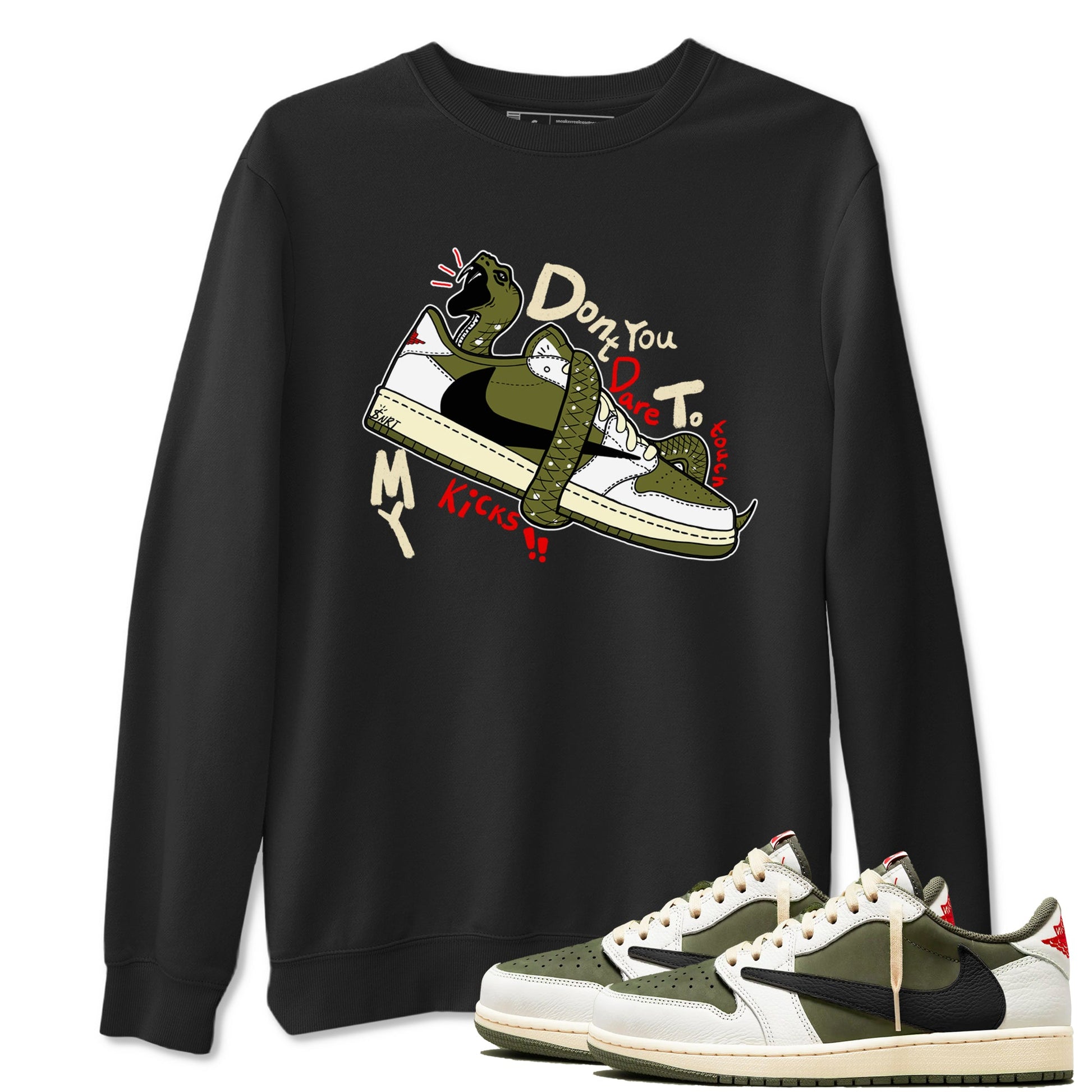 Jordan 1 Olive t shirts to match sneakers Don't Touch My Kicks sneaker match tees Air Jordan 1 Low x Travis Scott Reverse Olive tee SNRT Sneaker Tees unisex cotton Black 1 shirts