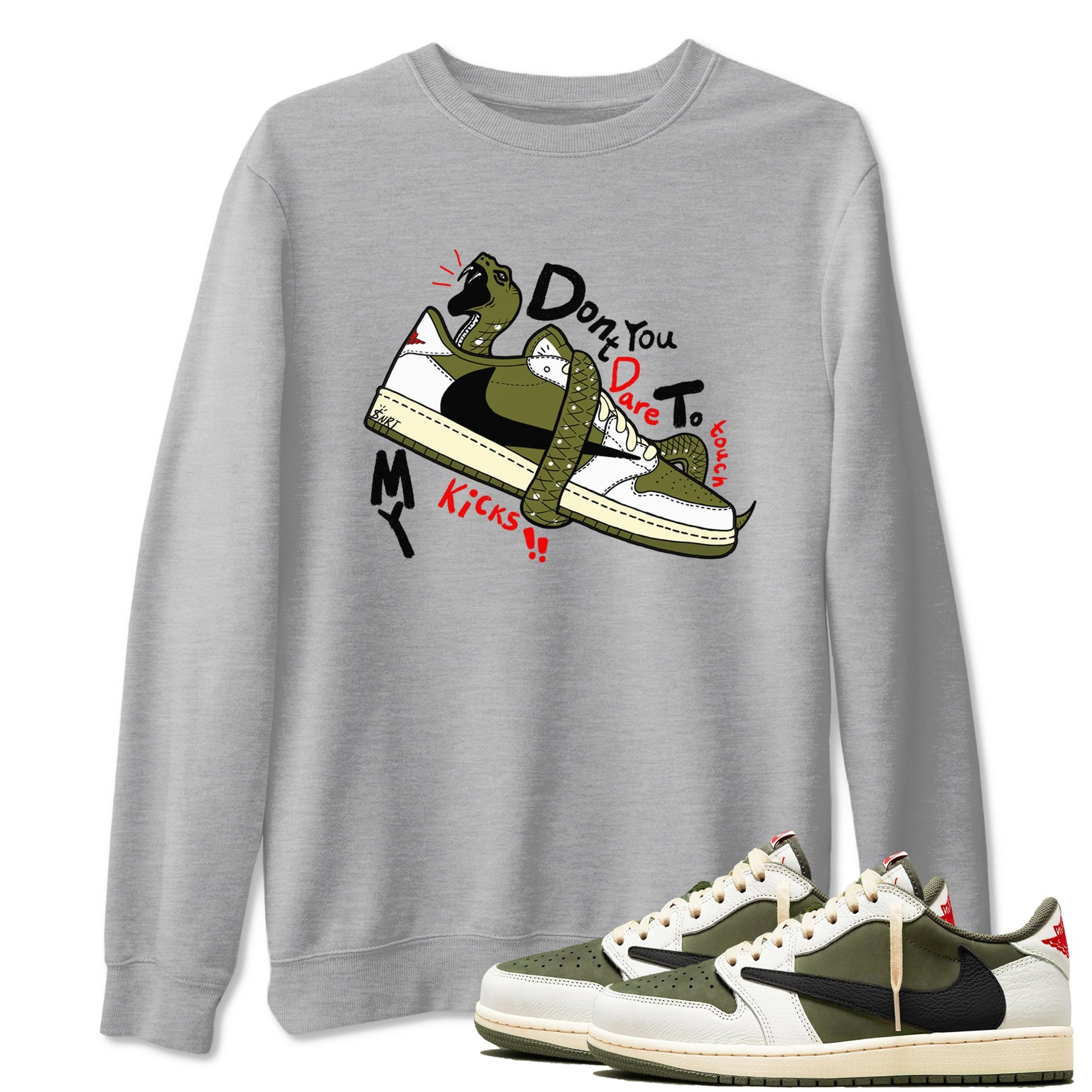 Jordan 1 Olive t shirts to match sneakers Don't Touch My Kicks sneaker match tees Air Jordan 1 Low x Travis Scott Reverse Olive tee SNRT Sneaker Tees unisex cotton Heather Grey 1 shirts