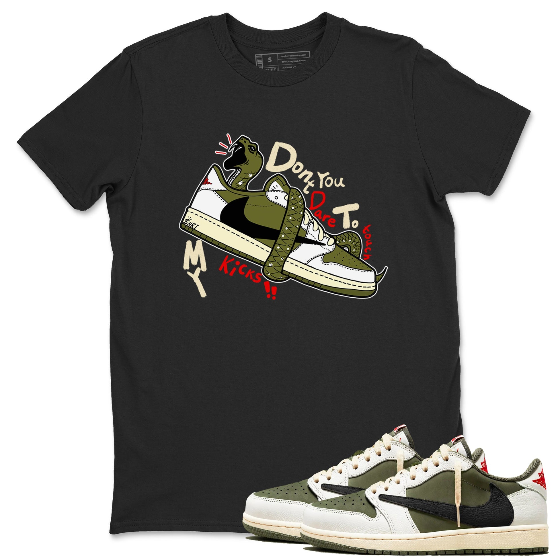 Jordan 1 Olive t shirts to match sneakers Don't Touch My Kicks sneaker match tees Air Jordan 1 Low x Travis Scott Reverse Olive tee SNRT Sneaker Tees unisex cotton Black 1 shirts