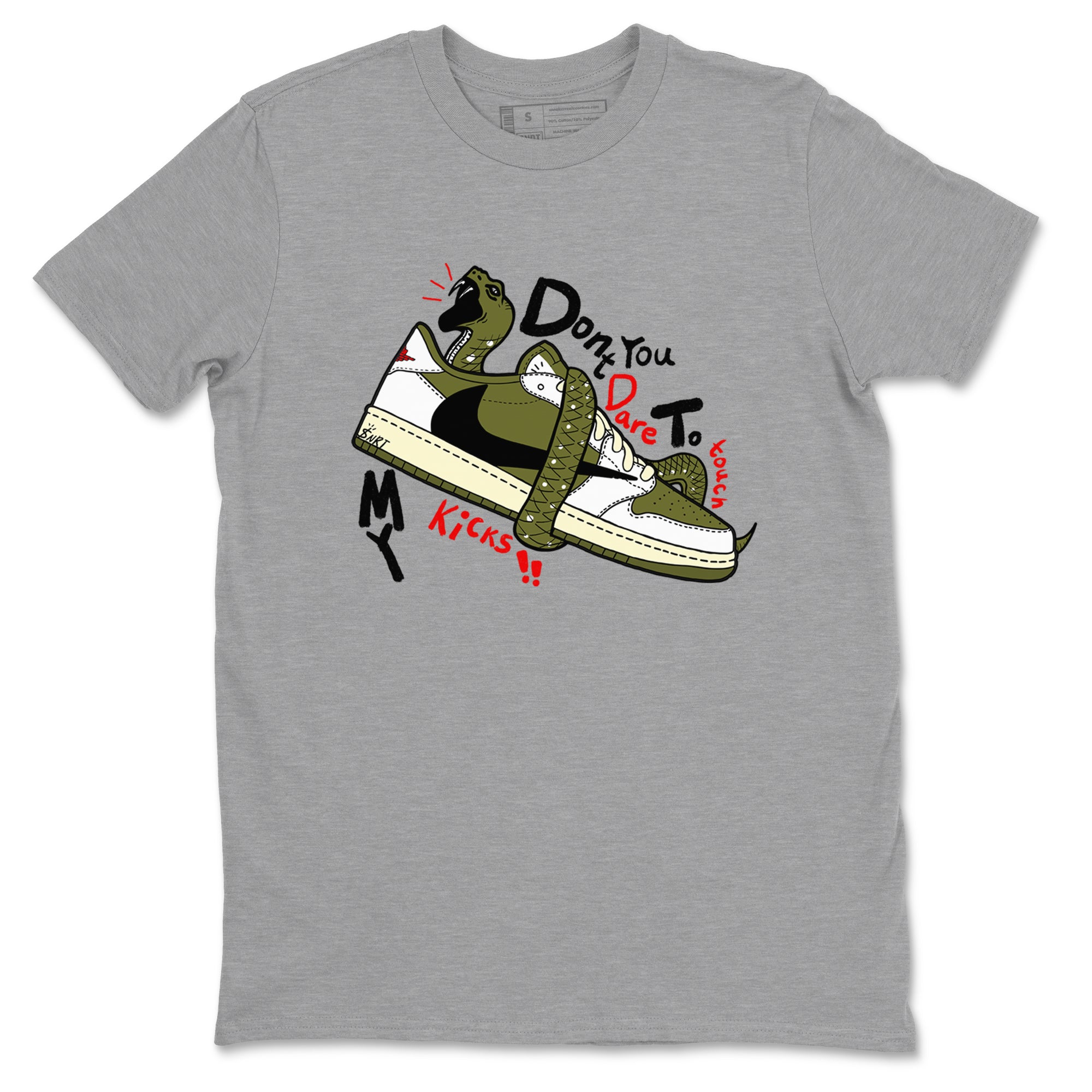 Jordan 1 Olive t shirts to match sneakers Don't Touch My Kicks sneaker match tees Air Jordan 1 Low x Travis Scott Reverse Olive tee SNRT Sneaker Tees unisex cotton Heather Grey 2 shirts