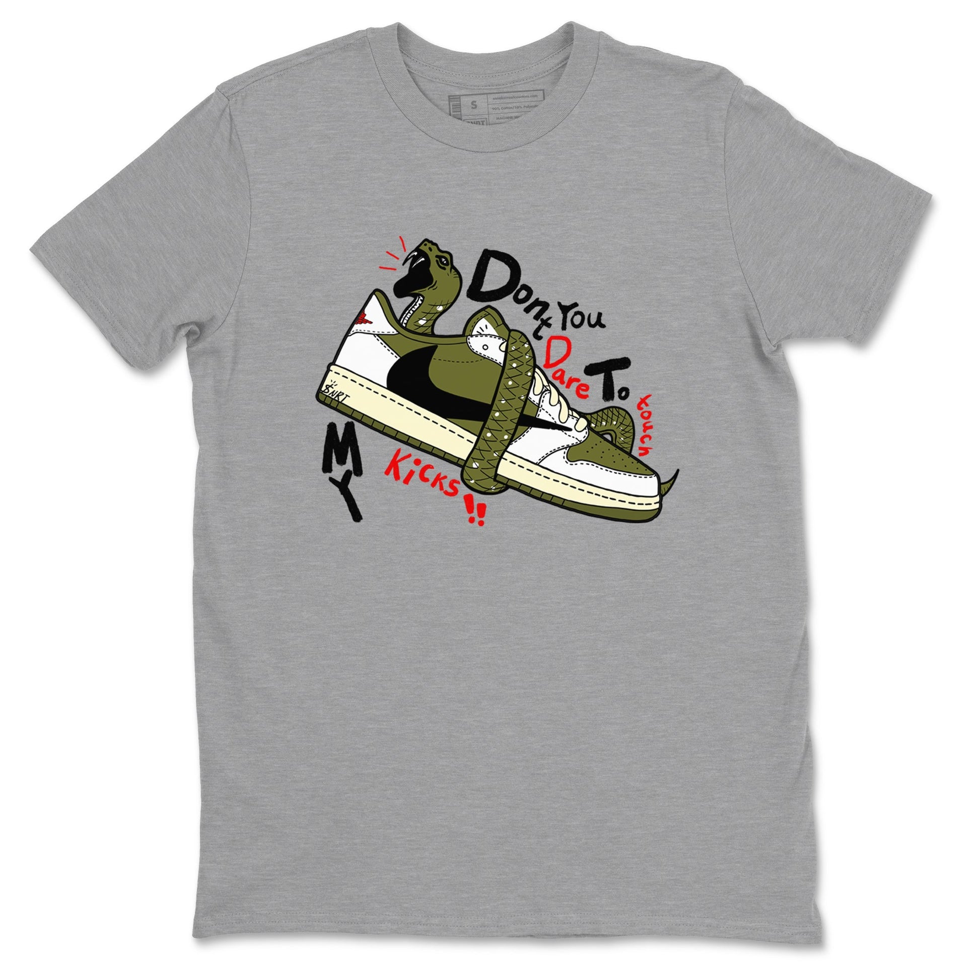 Jordan 1 Olive t shirts to match sneakers Don't Touch My Kicks sneaker match tees Air Jordan 1 Low x Travis Scott Reverse Olive tee SNRT Sneaker Tees unisex cotton Heather Grey 2 shirts