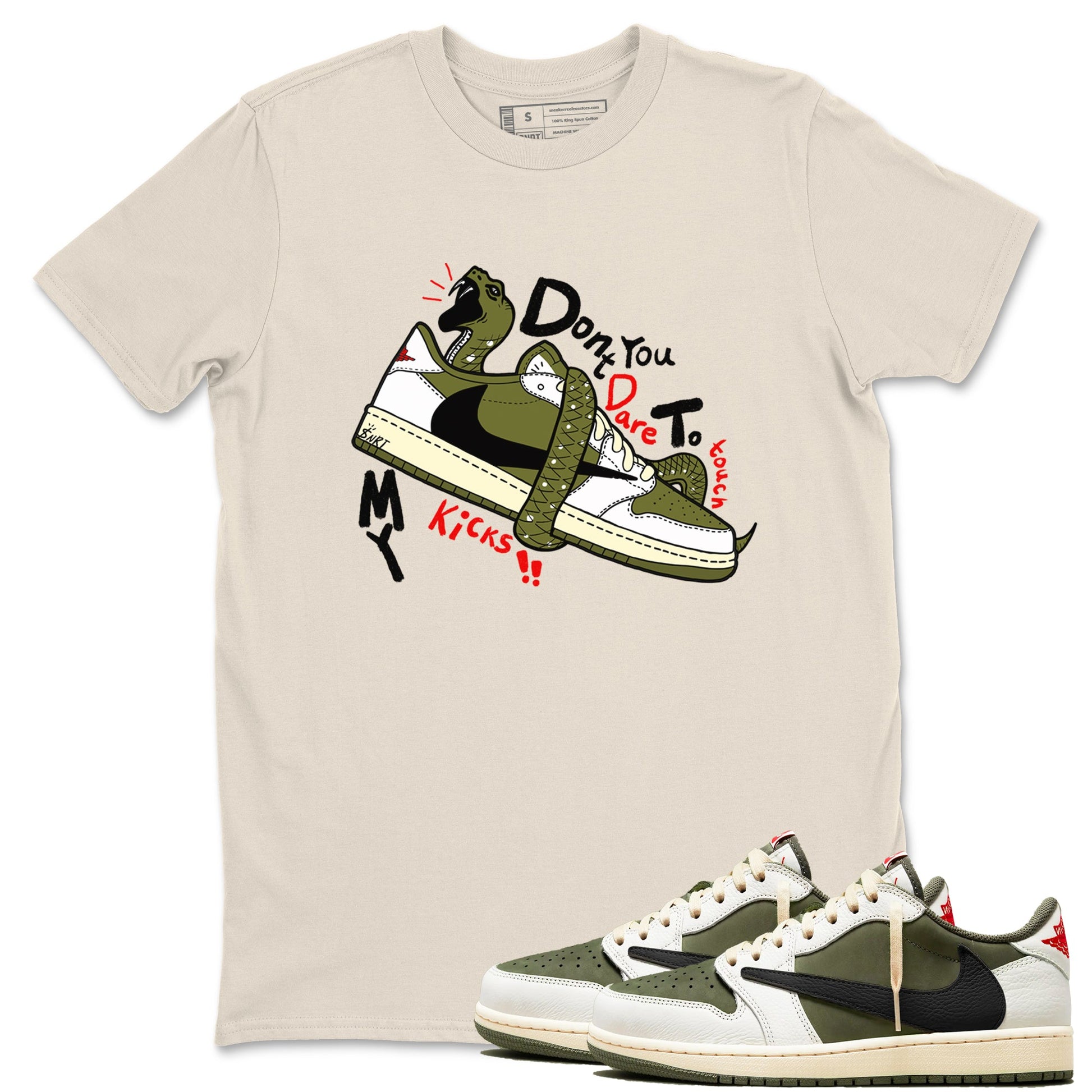 Jordan 1 Olive t shirts to match sneakers Don't Touch My Kicks sneaker match tees Air Jordan 1 Low x Travis Scott Reverse Olive tee SNRT Sneaker Tees unisex cotton Natural 1 shirts