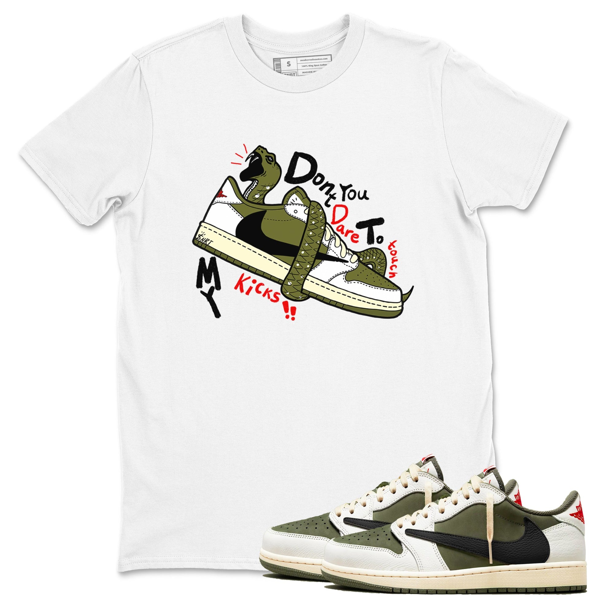 Jordan 1 Olive t shirts to match sneakers Don't Touch My Kicks sneaker match tees Air Jordan 1 Low x Travis Scott Reverse Olive tee SNRT Sneaker Tees unisex cotton White 1 shirts
