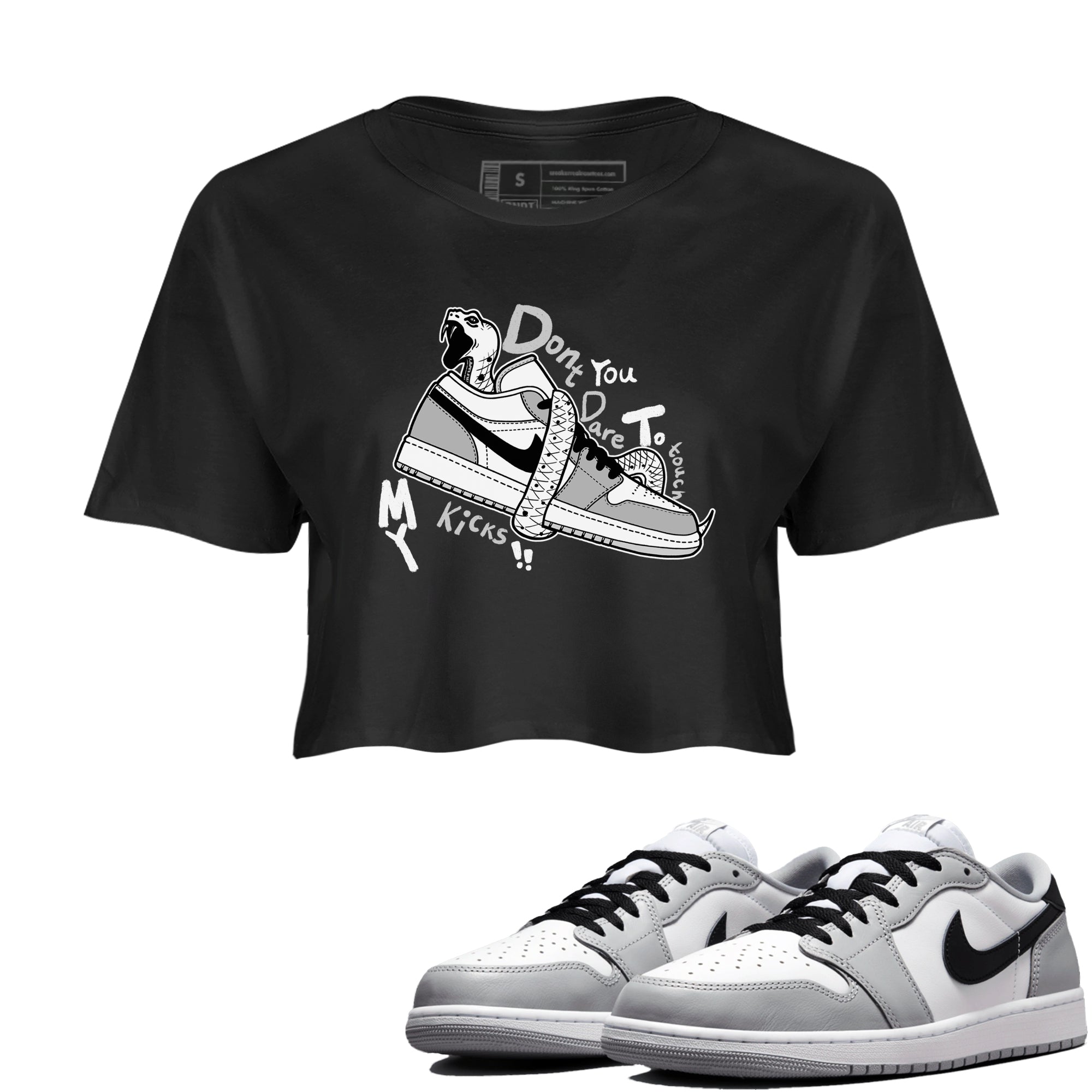 1s Wolf Grey shirts to match jordans Don't Touch My Kicks sneaker match tees Air Jordan 1 Wolf Grey SNRT Sneaker Tees streetwear brand Black 1 crop tee