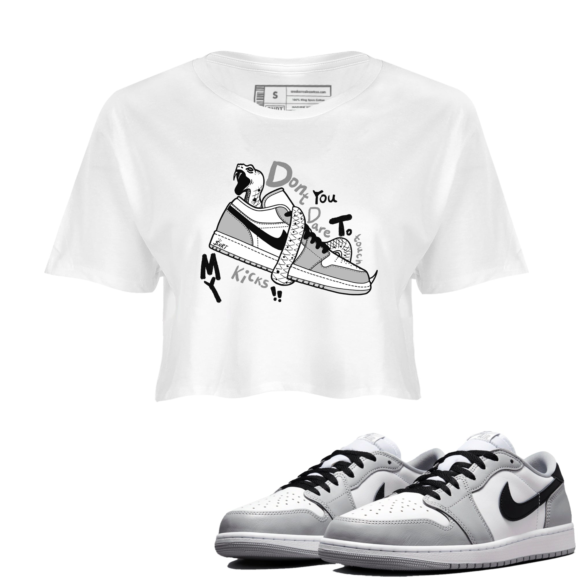 1s Wolf Grey shirts to match jordans Don't Touch My Kicks sneaker match tees Air Jordan 1 Wolf Grey SNRT Sneaker Tees streetwear brand White 1 crop tee