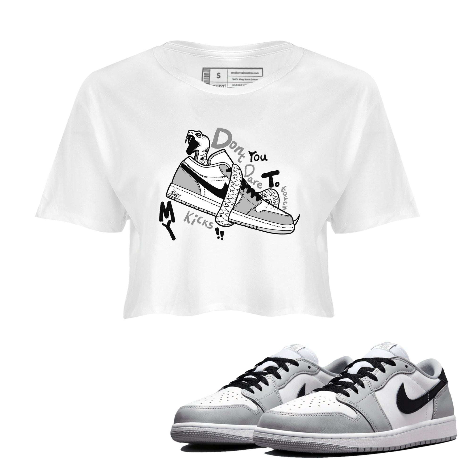 1s Wolf Grey shirts to match jordans Don't Touch My Kicks sneaker match tees Air Jordan 1 Wolf Grey SNRT Sneaker Tees streetwear brand White 1 crop tee
