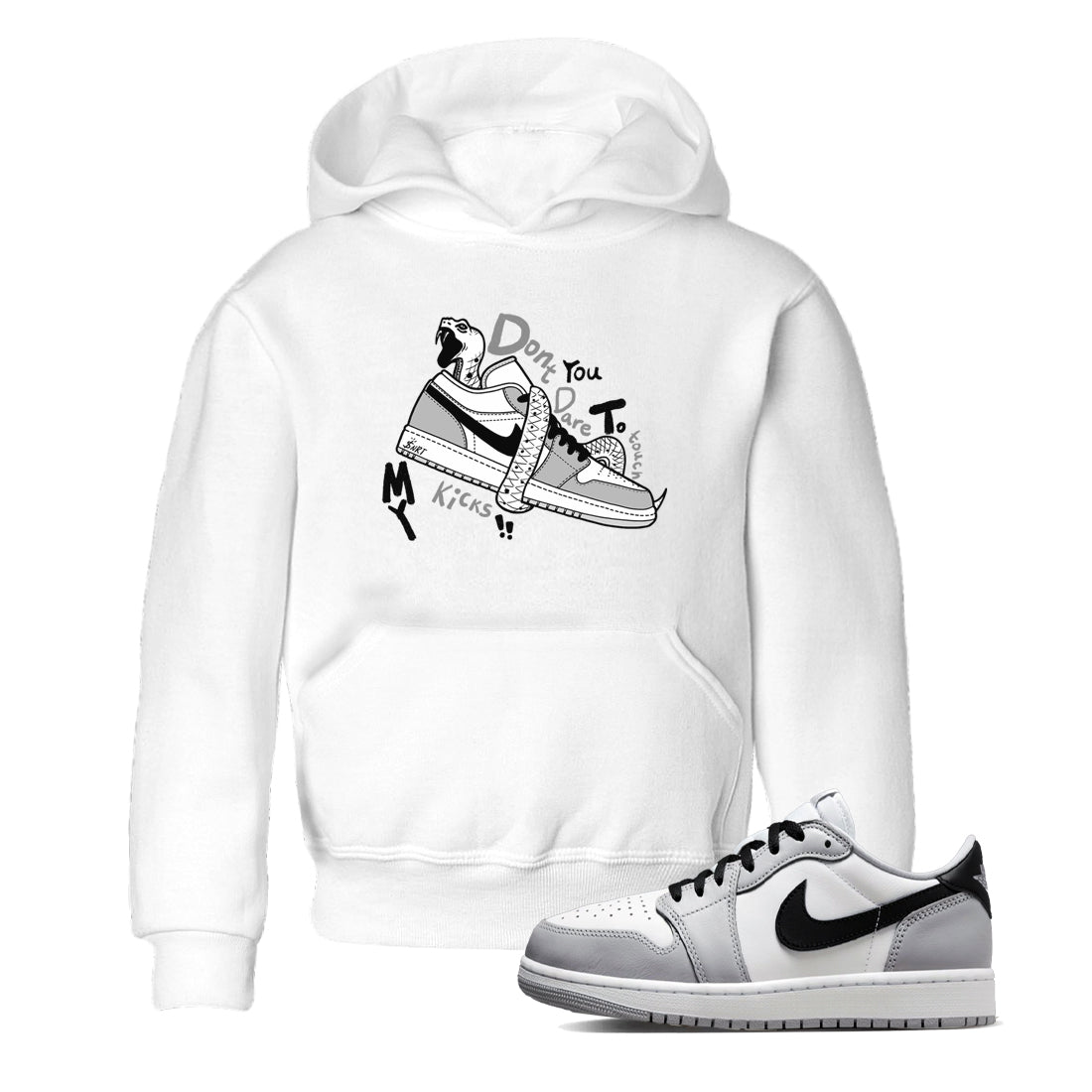 1s Wolf Grey shirts to match jordans Don't Touch My Kicks sneaker match tees Air Jordan 1 Wolf Grey SNRT Sneaker Tees streetwear brand Baby and Youth White 1 cotton tee