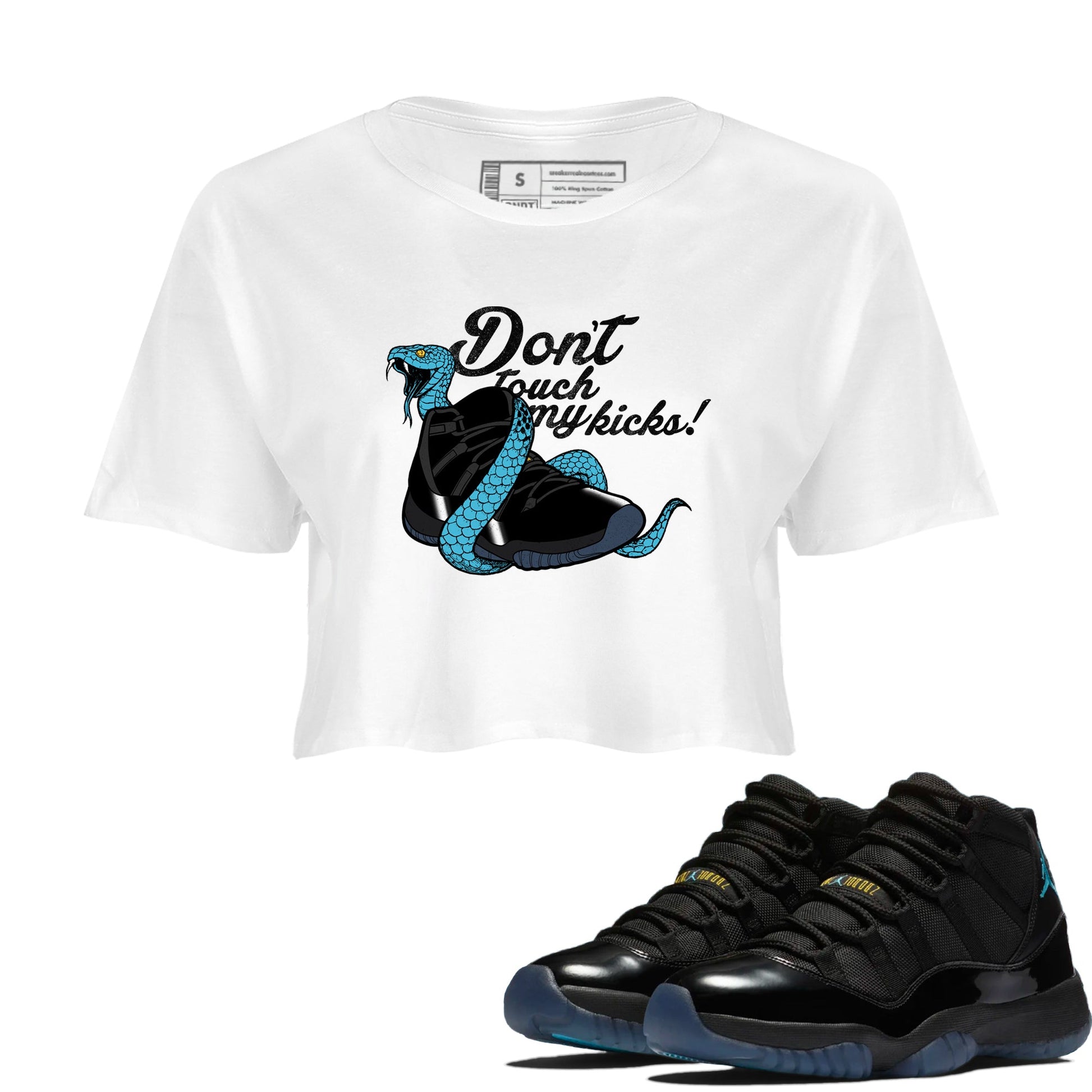 Sneaker match tees – Sneaker Tees To Match Air Jordan 11 Gamma Shoes – Don't Touch My Kicks Crop T-Shirt White 1