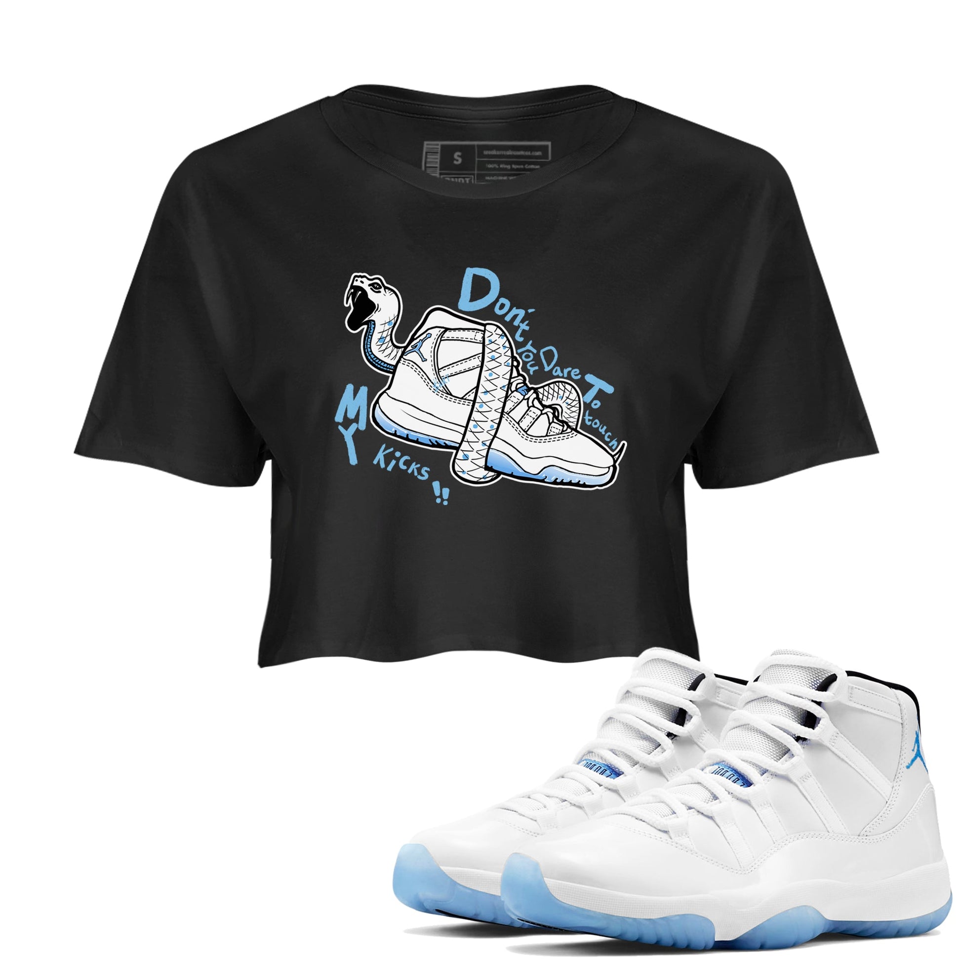 11s Legend Blue shirts to match jordans Don't Touch My Kicks best t shirts to wear with jordans AJ11 Retro Legend Blue match shoes to clothes SNRT Sneaker Tees unisex cotton Black 1 crop tee