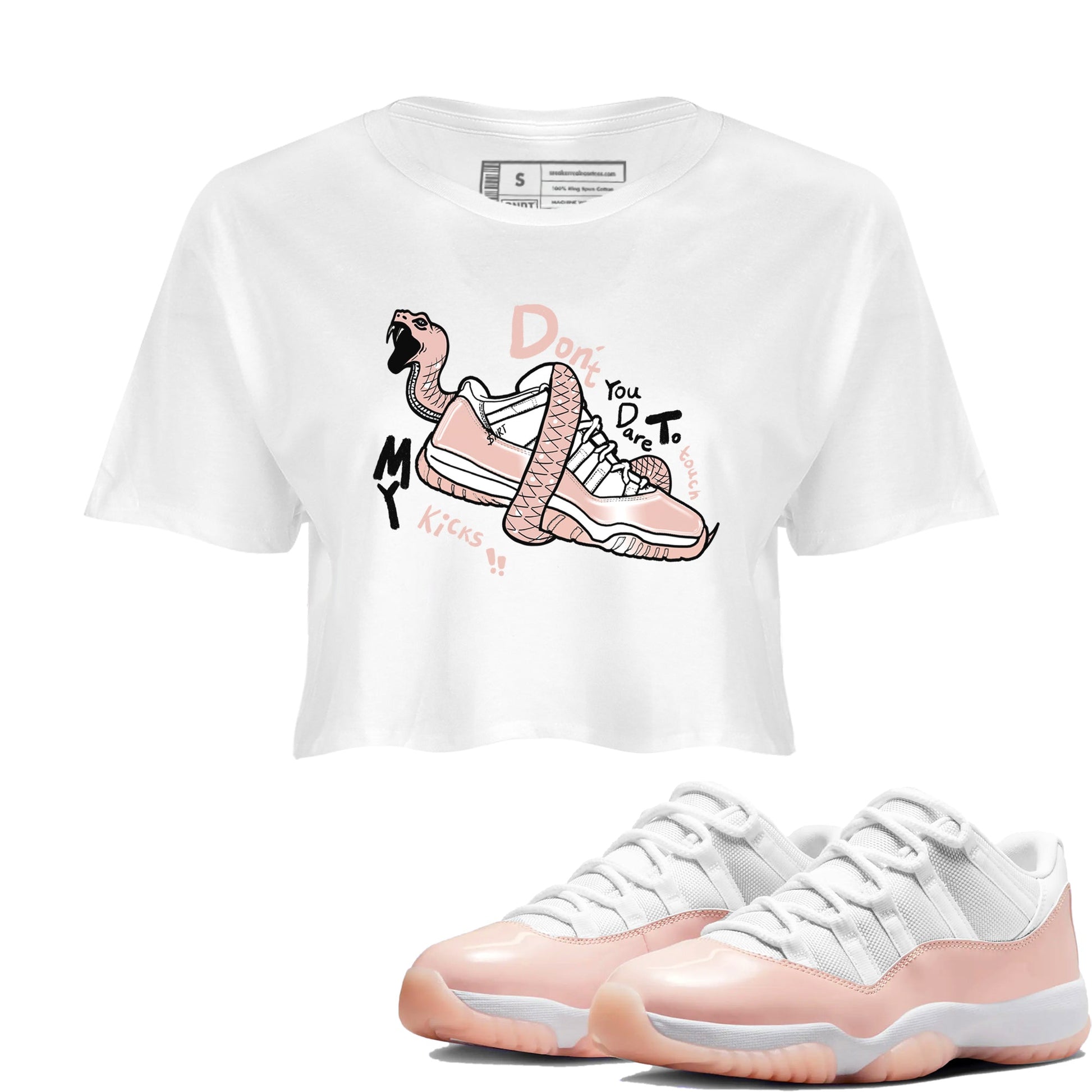 11s Legend Pink shirt to match jordans Don't Touch My Kicks sneaker tees Air Jordan 11 Legend Pink SNRT Sneaker Release Tees White 1 crop length shirt
