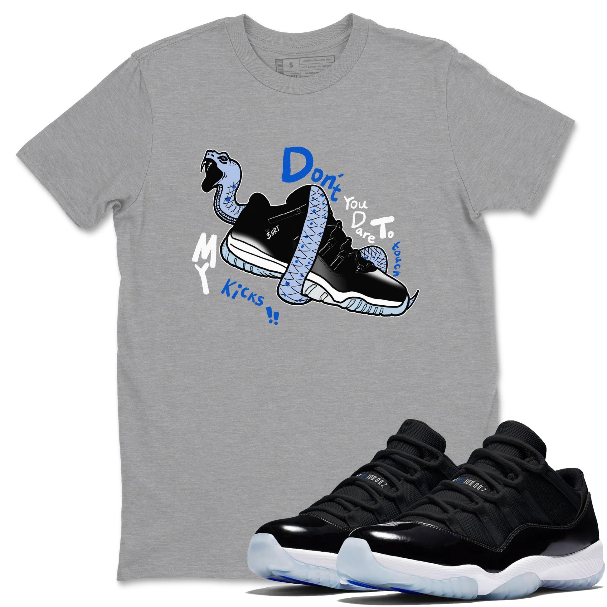 AJ11 Black and Varsity Royal shirt to match jordans Don't Touch My Kicks sneaker tees Air Jordan 11 Black/Varsity Royal SNRT Sneaker Release Tees unisex cotton Heather Grey 1 crew neck shirt