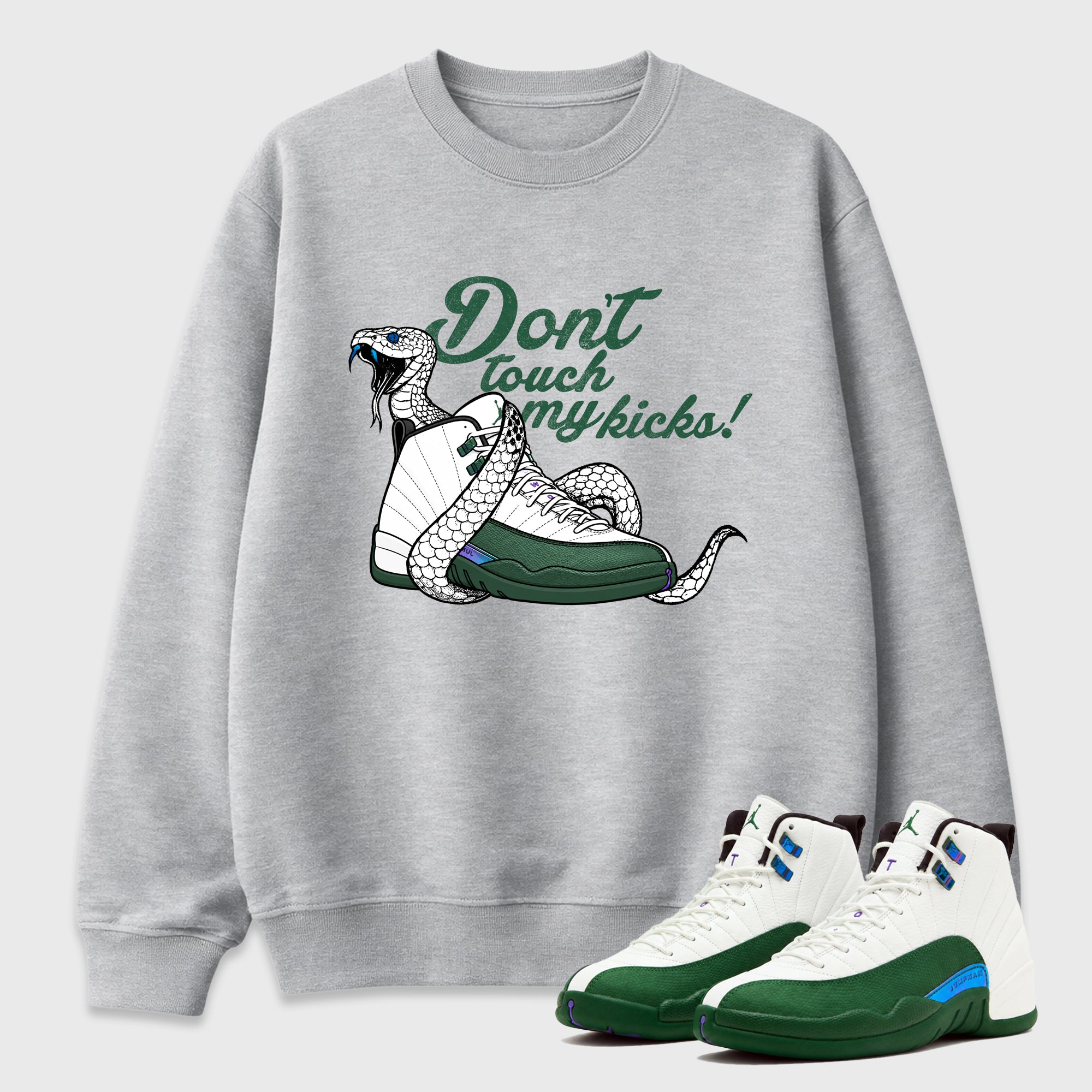 Don't Touch My Kicks Graphic T-Shirt featuring original streetwear artwork designed to match the Air Jordan 12 Summit Green. Heather Grey 1 Graphic Tee.