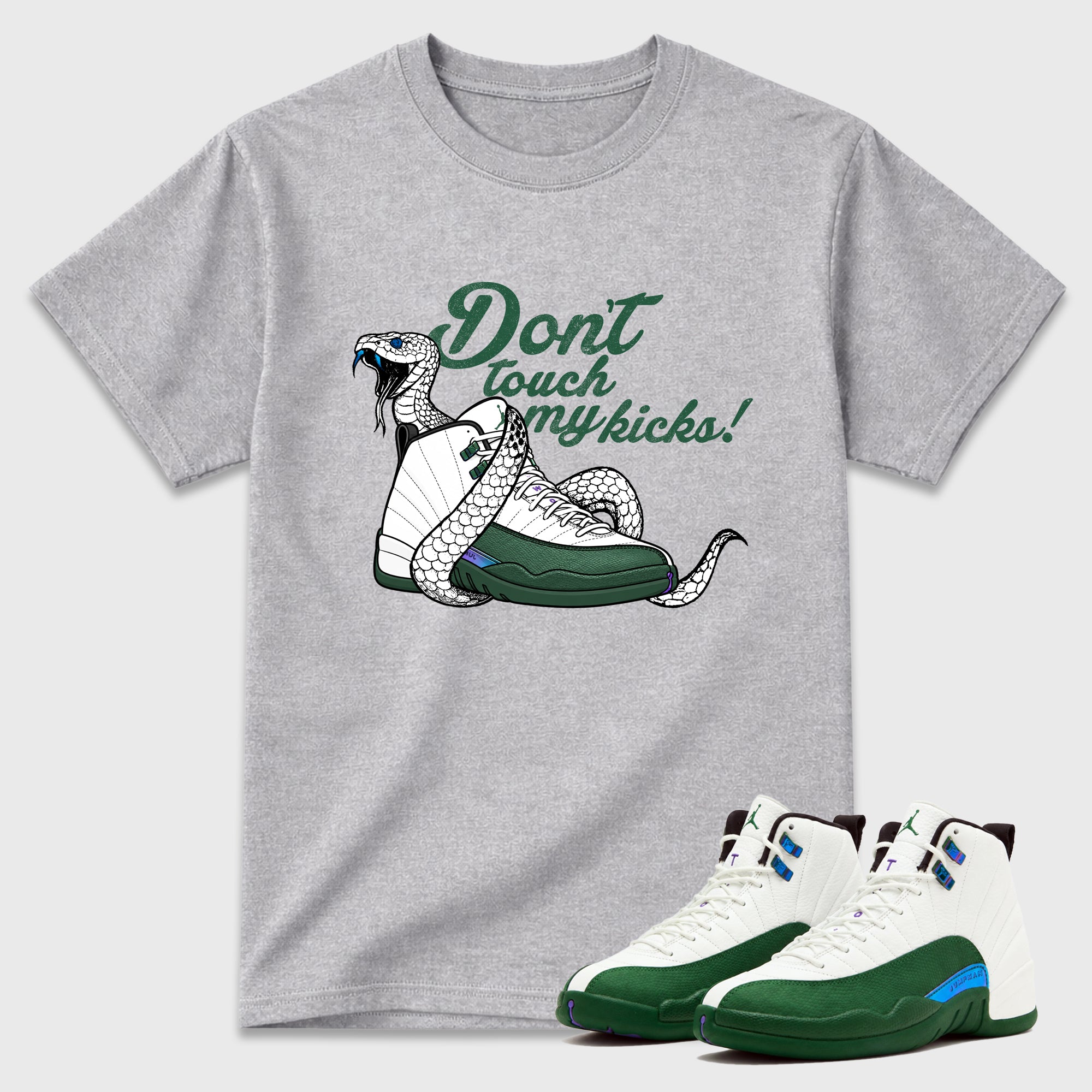 Don't Touch My Kicks Graphic T-Shirt featuring original streetwear artwork designed to match the Air Jordan 12 Summit Green. Heather Grey 1 Graphic T-Shirt.