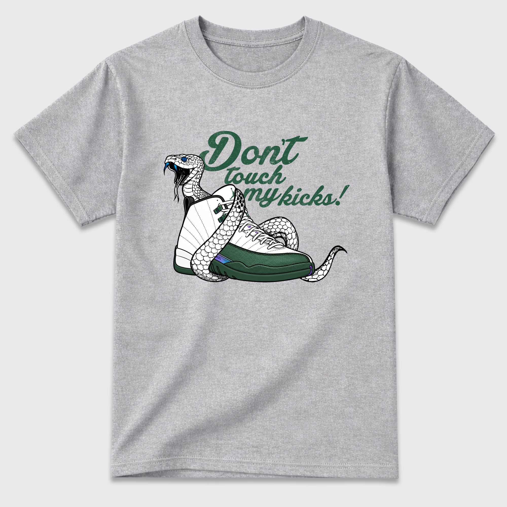 Don't Touch My Kicks Graphic T-Shirt featuring original streetwear artwork designed to match the Air Jordan 12 Summit Green. Heather Grey 2 Graphic T-Shirt.