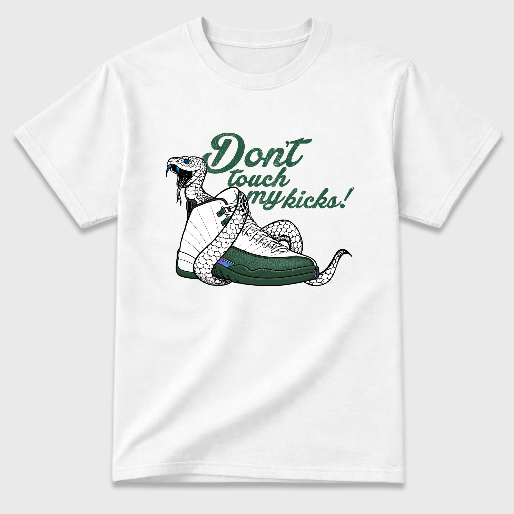 Don't Touch My Kicks Graphic T-Shirt featuring original streetwear artwork designed to match the Air Jordan 12 Summit Green. White 2 Graphic T-Shirt.