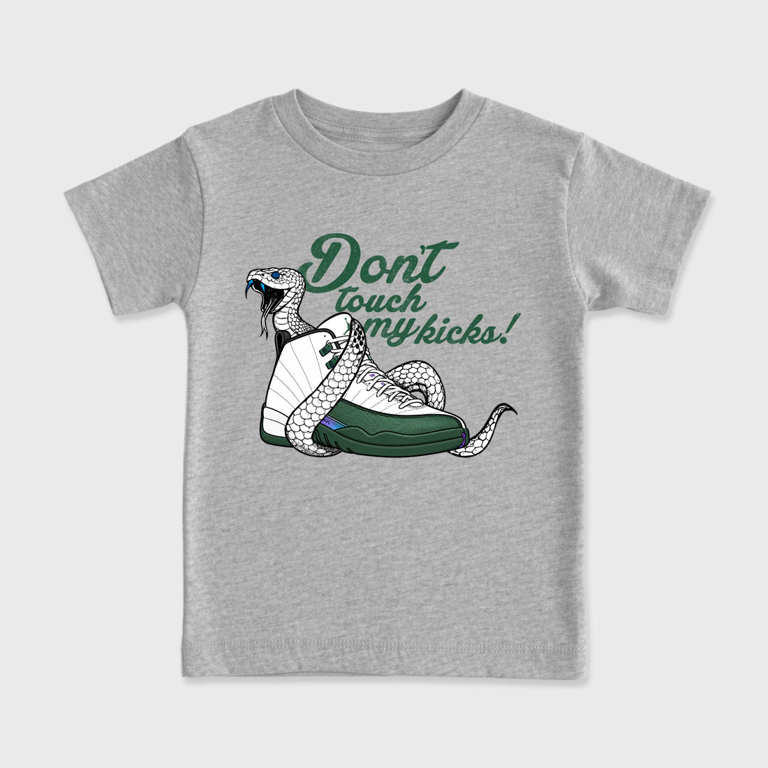 Don't Touch My Kicks Baby & Kids Graphic T-Shirt featuring original artwork designed to match the Air Jordan 12 Summit Green. Heather Grey 2 Kids Graphic Tee.