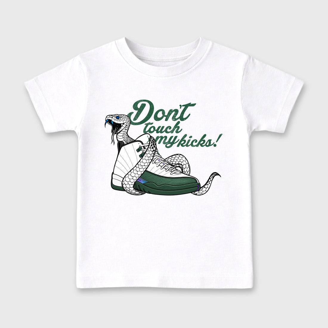 Don't Touch My Kicks Baby & Kids Graphic T-Shirt featuring original artwork designed to match the Air Jordan 12 Summit Green. White 2 Kids Graphic Tee.