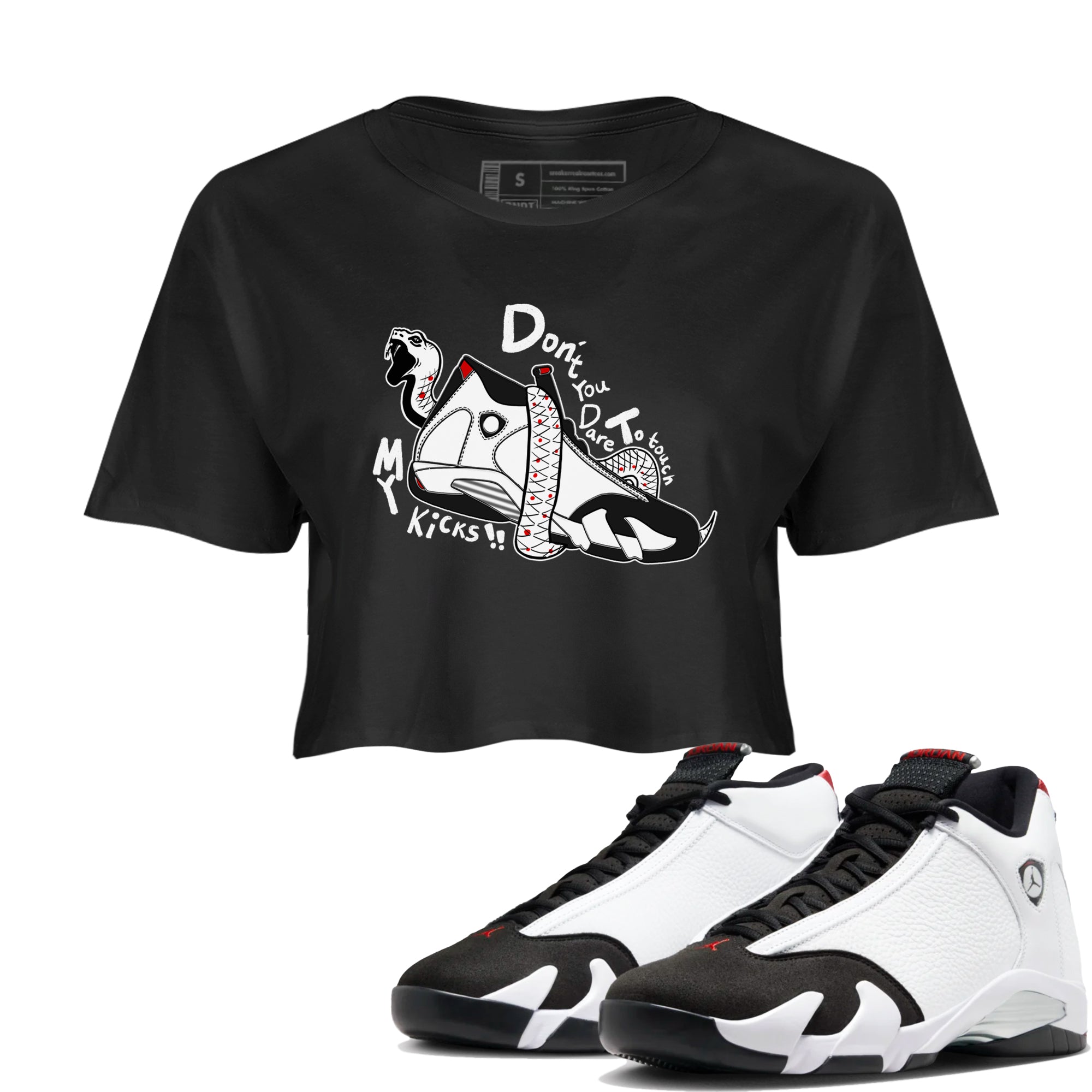 Air Jordan 14 Black Toe t shirts to match sneakers Don't Touch My Kicks sneaker match tees 14s Black Toe sneaker match tee SNRT Sneaker Tees unisex cotton Black 1 crop tee