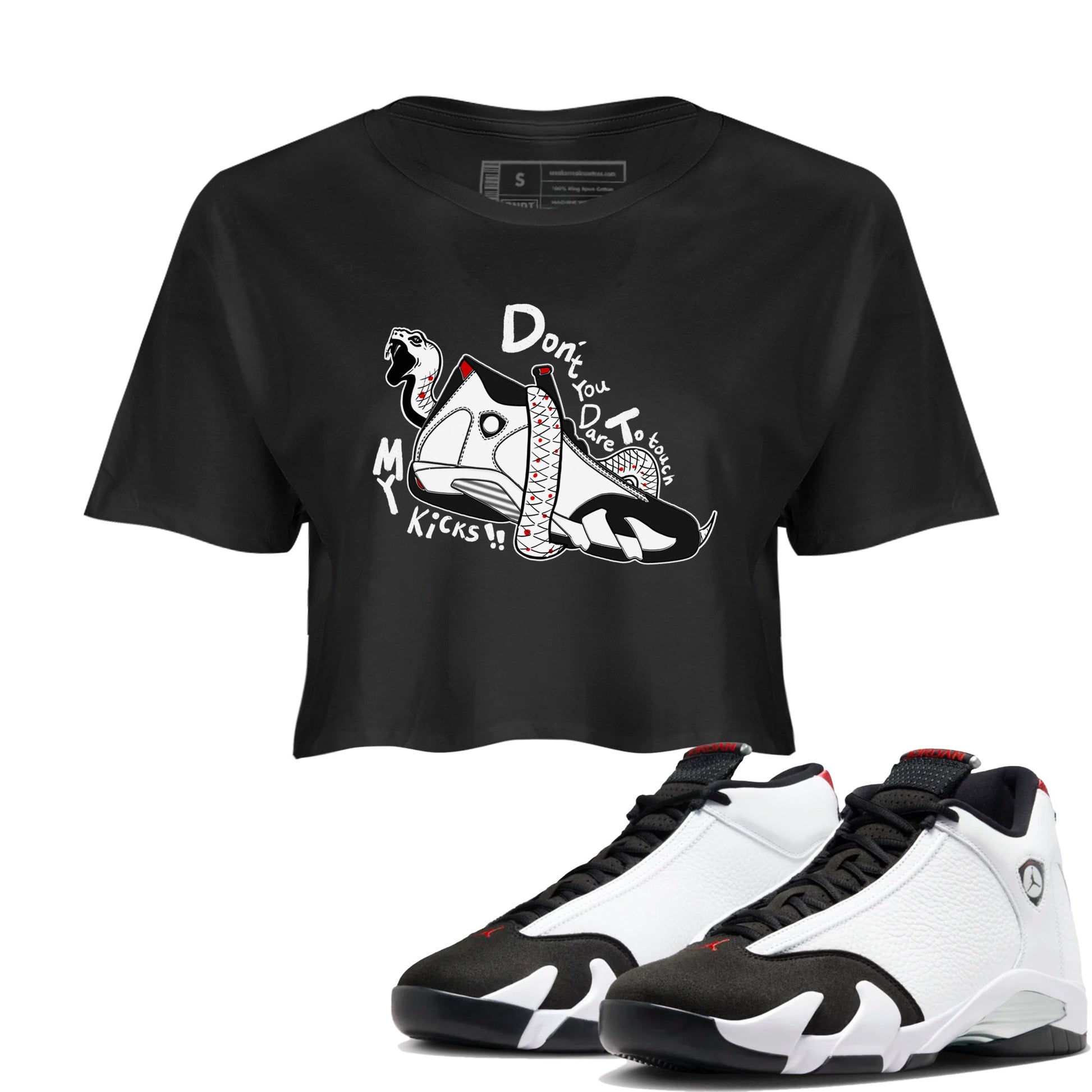 Air Jordan 14 Black Toe t shirts to match sneakers Don't Touch My Kicks sneaker match tees 14s Black Toe sneaker match tee SNRT Sneaker Tees unisex cotton Black 1 crop tee