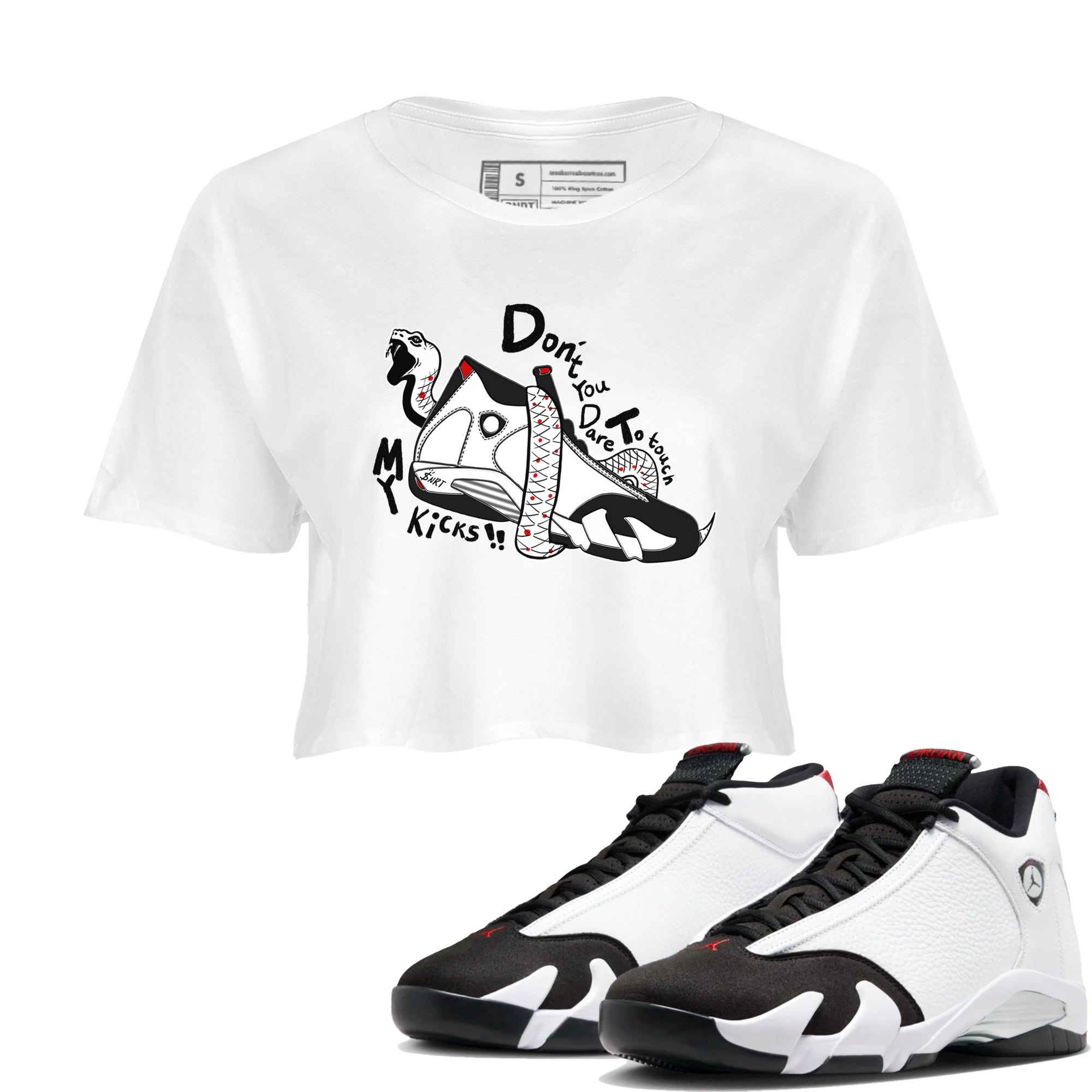 Air Jordan 14 Black Toe t shirts to match sneakers Don't Touch My Kicks sneaker match tees 14s Black Toe sneaker match tee SNRT Sneaker Tees unisex cotton White 1 crop tee