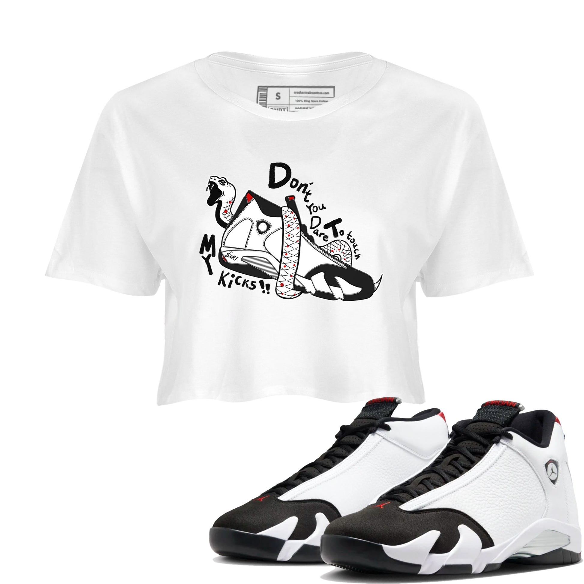 Air Jordan 14 Black Toe t shirts to match sneakers Don't Touch My Kicks sneaker match tees 14s Black Toe sneaker match tee SNRT Sneaker Tees unisex cotton White 1 crop tee